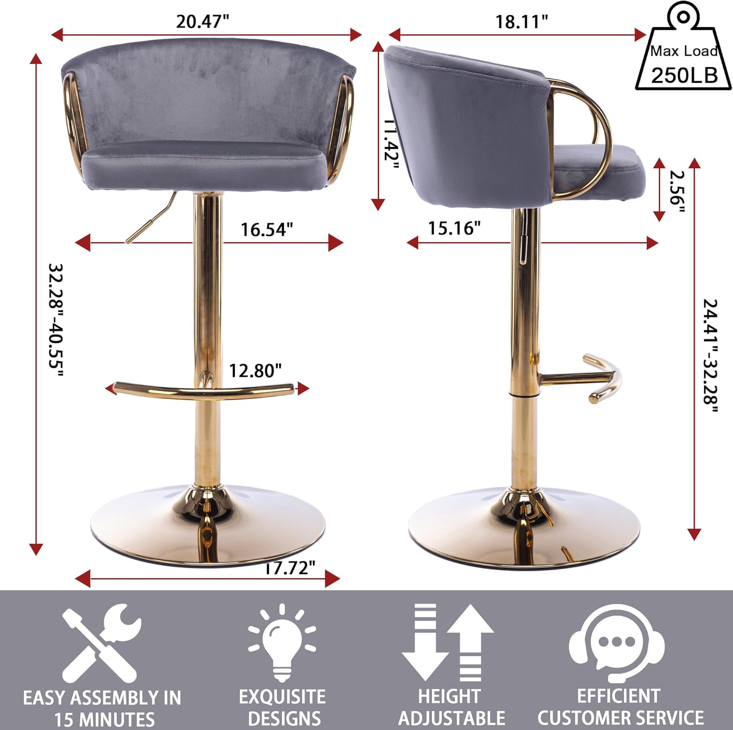 Bar Stools Set of 2, Swivel Adjustable Height Velvet Bar Stools with arms and Footrest, Counter Pub Chairs for Bar Kitchen Living Room, Grey