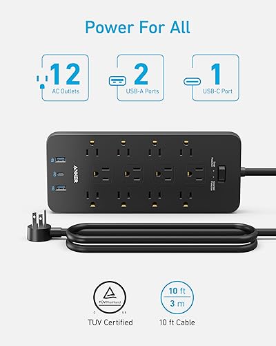 Miniatura 8 de Anker Regleta de alimentación con 3 puertos USB, protector de sobretensiones (2100J-10 pies), 12 salidas con 2 puertos USB A y 1 puerto USB C,