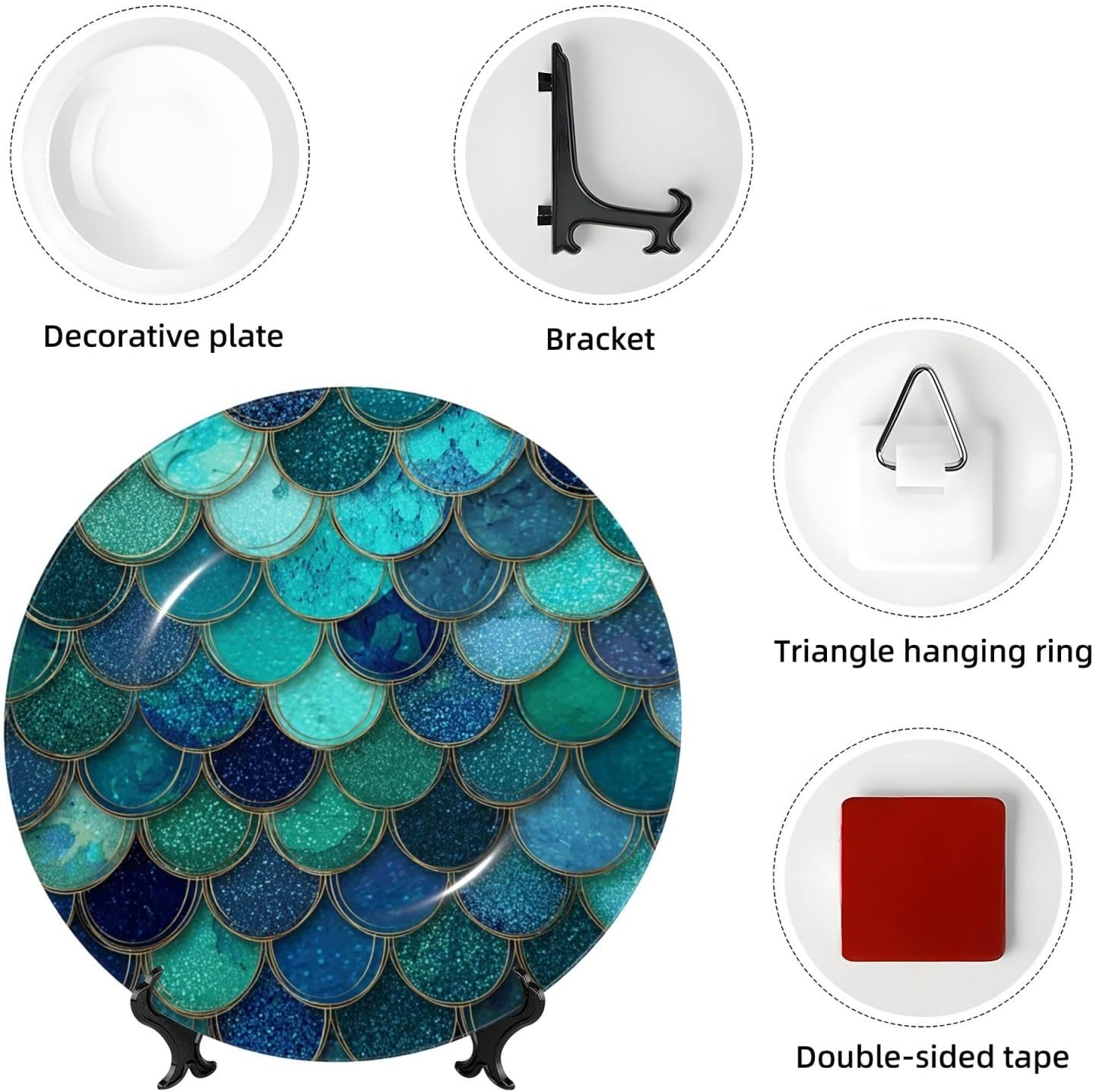 Bone China Decorative Plate with Display Mermaid fish scale print Ceramic Plates Crafts Art Decor Dessert Plate Ceramic Ornament Porcelain Plates for Living Room Kitchen Table Home Decor