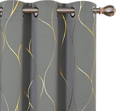 Deconovo Light Grey Blackout Curtains 2 Panel Set for Bedroom, Thermal Insulated Grommet Room Darkening Window Drapes for Living Room, Silver Line Foil Print, 42W x 84L Inch
