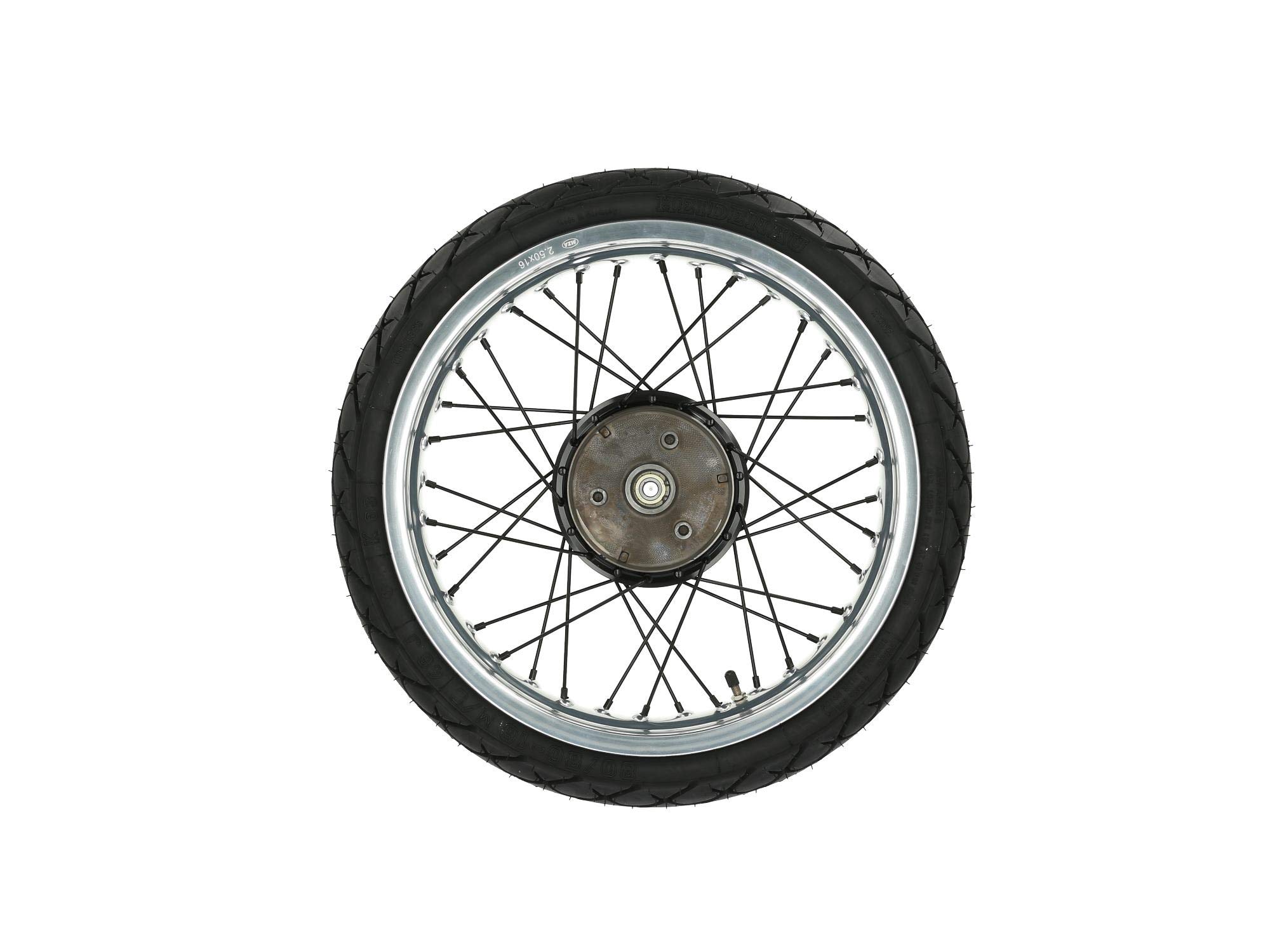 Tuning-Komplettrad hinten 2,5x16 Alufelge + Nabe und Speichen schwarz + Reifen 80/80 Heidenau K63
