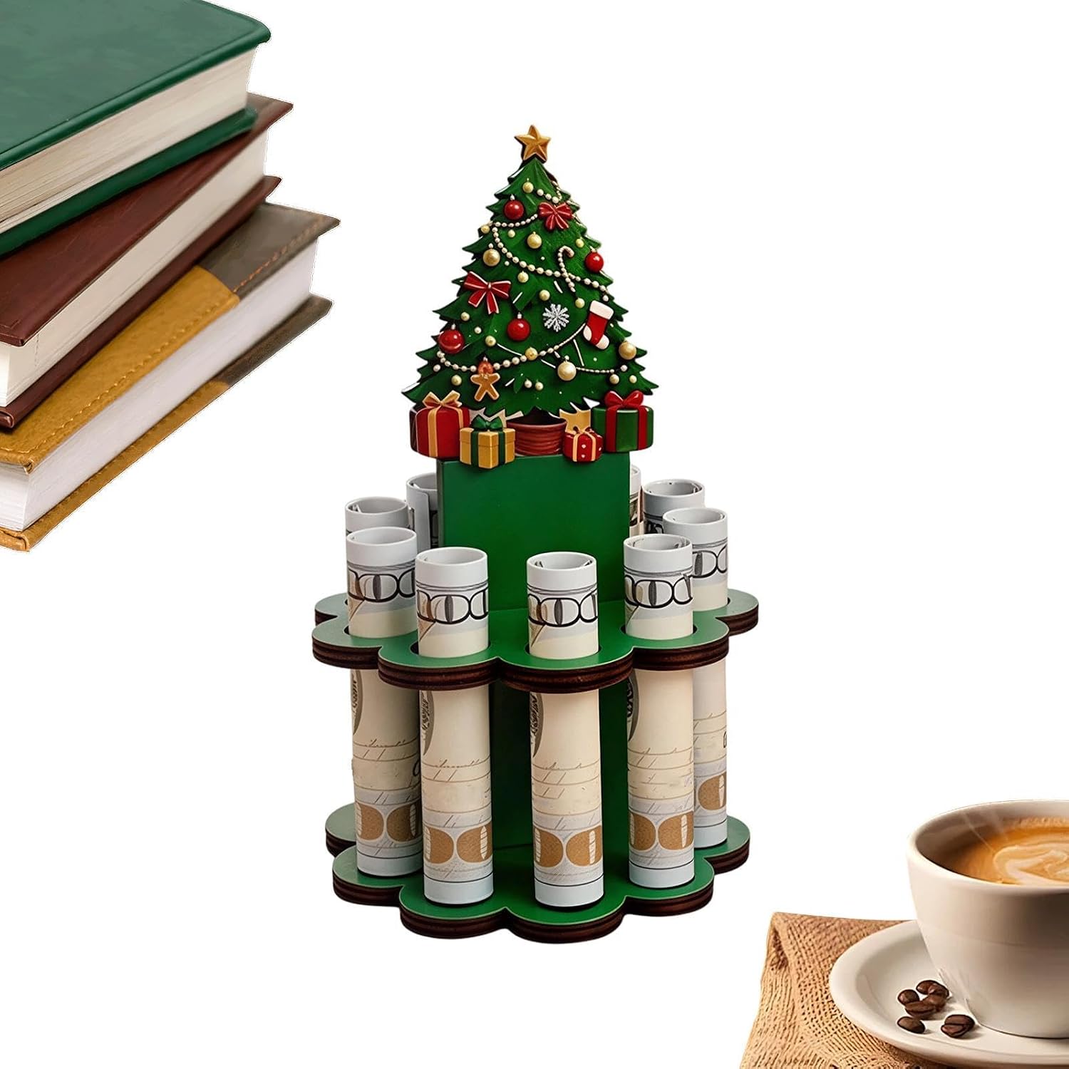 Christmas Money Rack - Wooden Slotted Tree Holder, Cute Decorative Display,