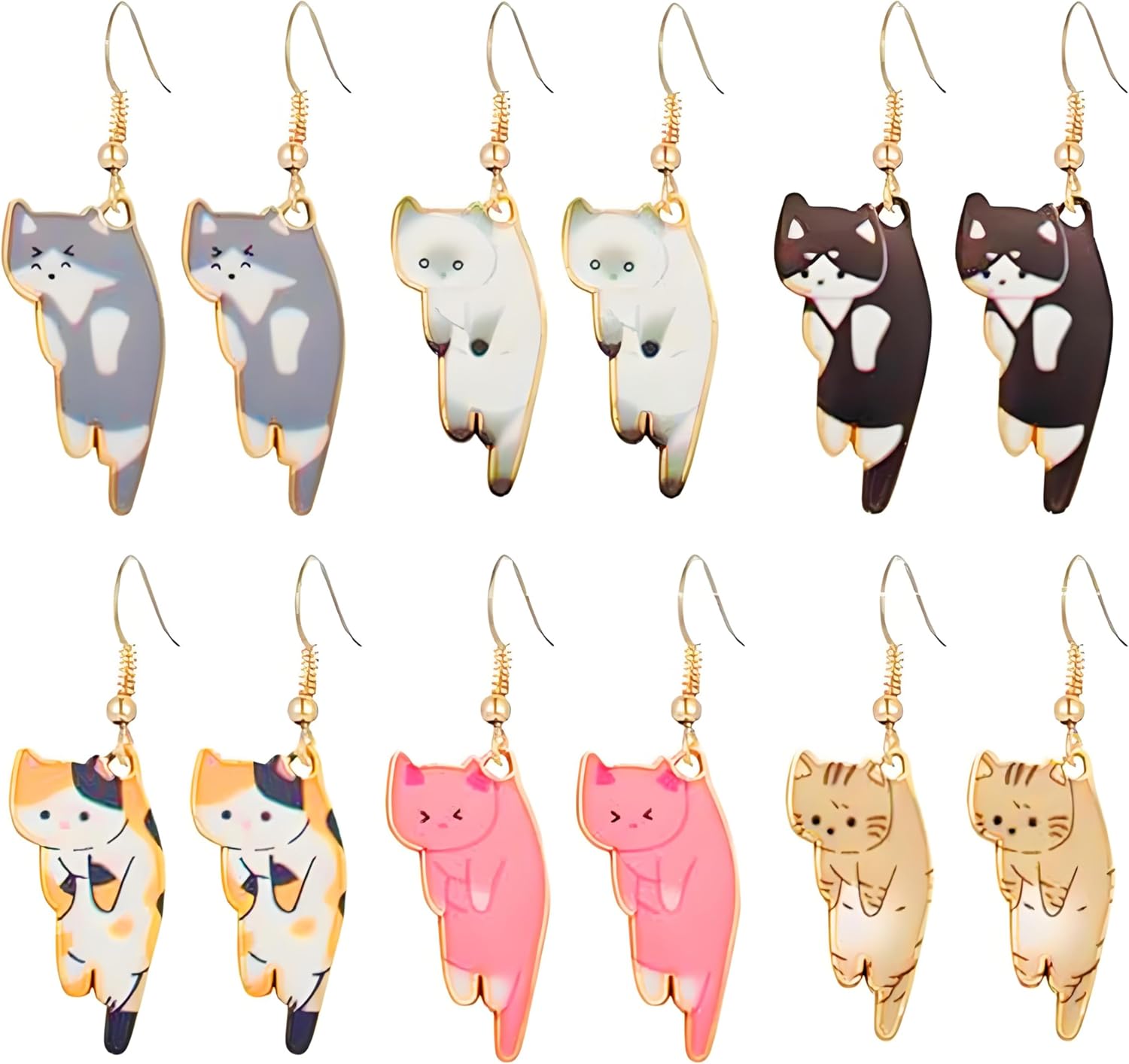 ONLYJUMP 6Pairs Dangling Cat Earrings For Women Kawaii Aesthetic Funny Cartoon Kitten Dangle Earrings French Hook Animals Lover Birthday Gifts