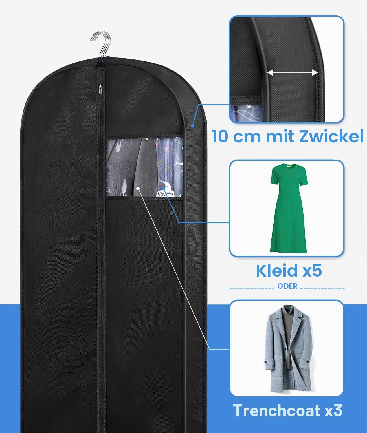 MISSLO 137 Cm Kleidersäcke Lange Anzugtasche Herren, Kleiderschutzhülle Mottensicher mit Tragegriffen für Aufbewahrung Mäntel, Kleider, Anzug, 3 Stück, Schwarz