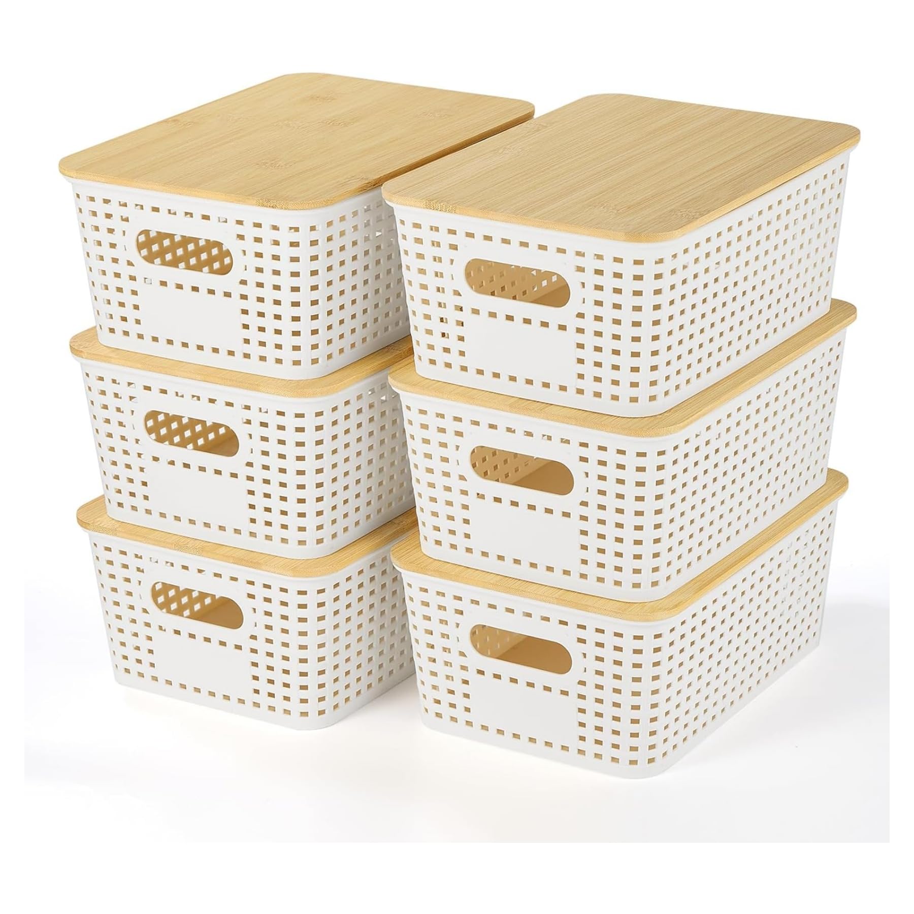 6 Pack Plastic Storage Baskets With Bamboo Lid - Plastic Storage Containers Stackable Storage bins: Storage Baskets for Organizing Shelves Drawers Desktop Closet Playroom Classroom Office (White)