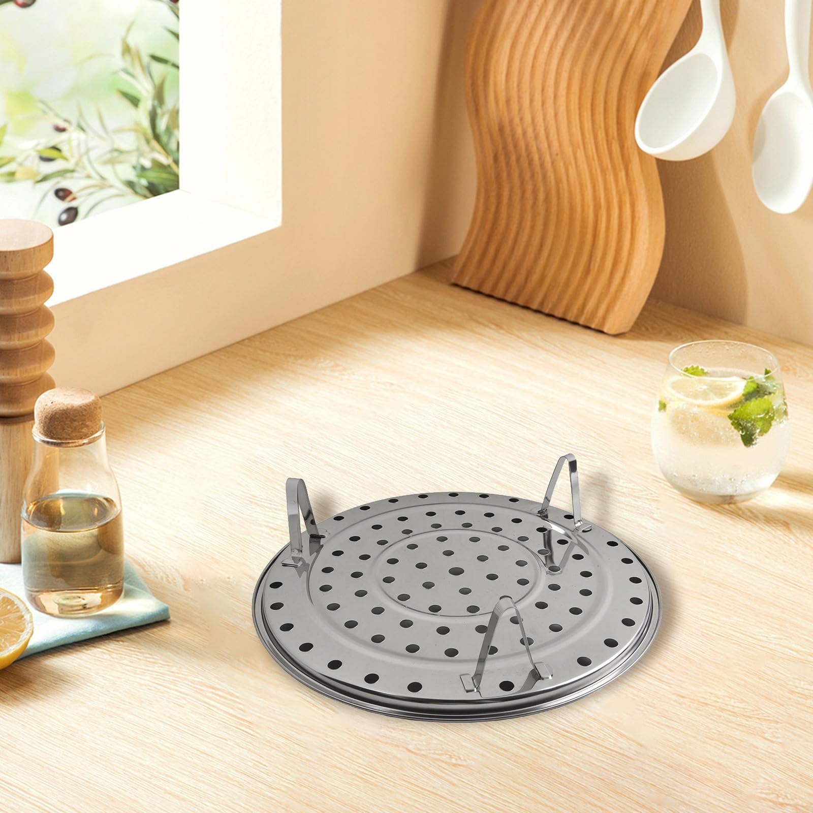 Grille de Cuisson à la Vapeur en Acier Inoxydable avec Pied Amovible, Circulation Efficace de la Vapeur, Outil de Cuisine Multifonctionnel pour des Plats Cuits à la Vapeur Sains