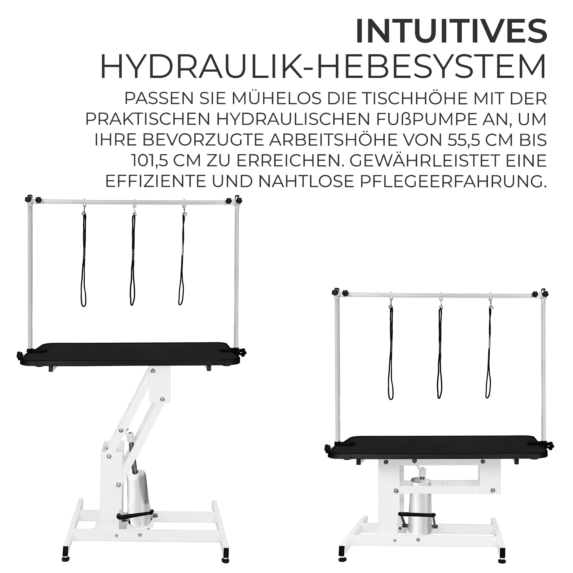 Hydraulischer Hundepflegetisch Höhenverstellbar Profi Trimmtisch | für Tiere bis zu 180kg | 106 x 61cm Gummioberfläche, 4 anpassbare Stallfüße & 3 Schlaufenleinen [Weißer Rahmen & Schwarzer Tisch]