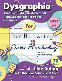 Dysgraphia - Adaptive Highlighted Colored Writing Practice Paper Notebook for Print and Cursive Handwriting for Kids with ADHD, Dyspraxia, Dyslexia, ... Ruling | 7/8" Size for Pre-K to 2nd Grade