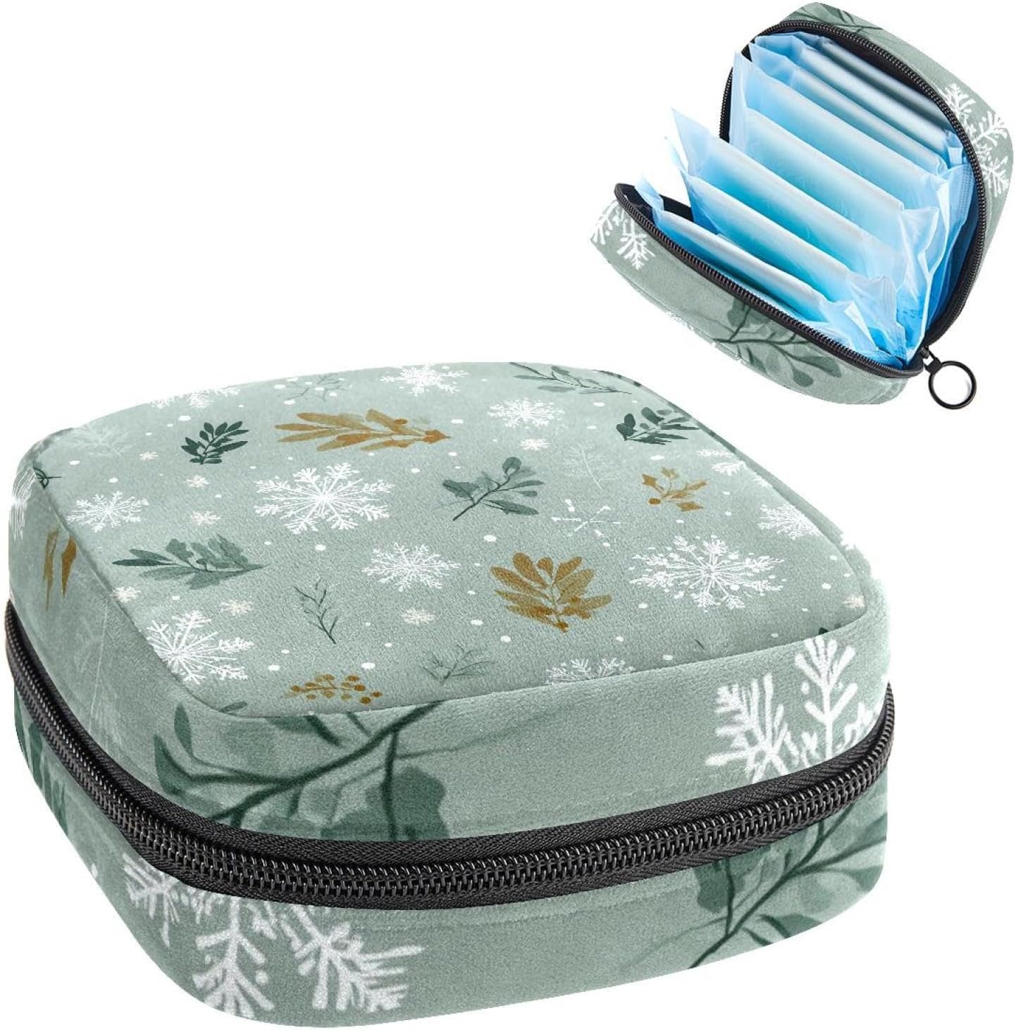 Snowflakes and Leaves Sage Green Background Sanitary Napkin Storage Bag, Menstrual Cup Pouch Feminine Menstruation Period Pads Bag Tampons Holder for Girls Women Ladies