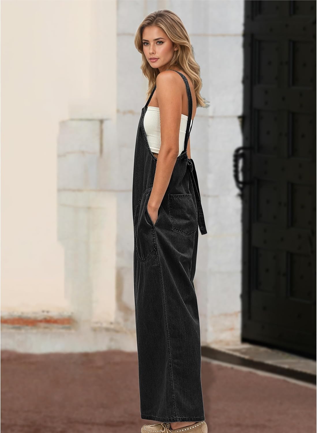 Women's Slouchy Denim Overalls Wide Leg Jumpsuit Casual Adjustable Tie Back Backless Jean Rompers with Pockets - Image 5