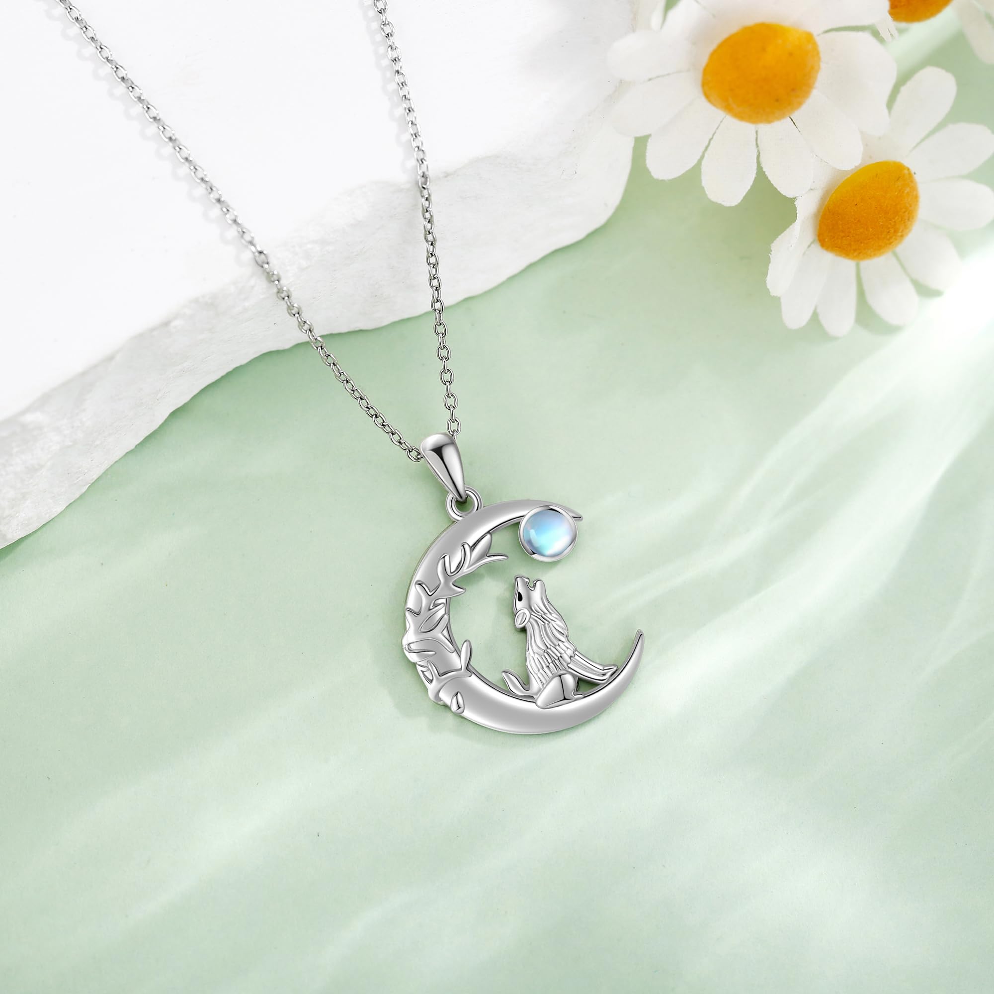 ONEFINITY Collar de lobo de plata de ley 925 con colgante de lobo y luna creciente, collar de piedra lunar, regalo para mujer, Piedra de luna