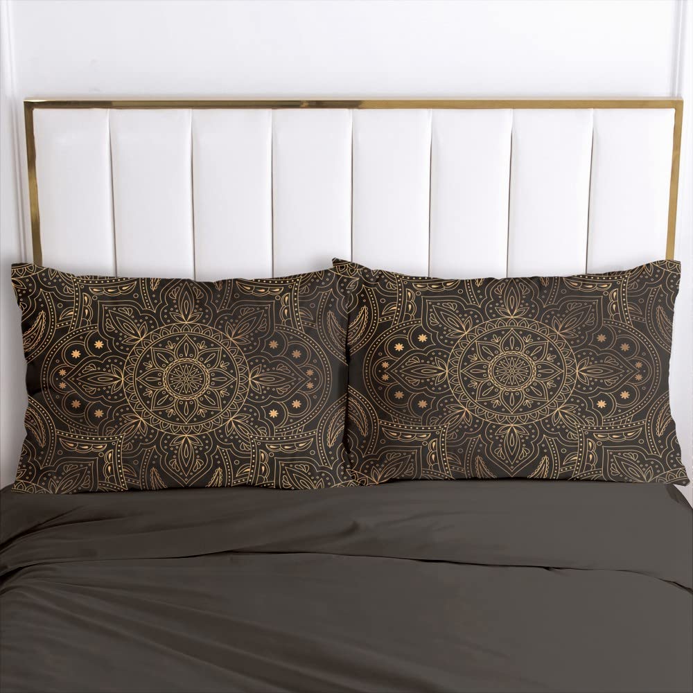 Luowei Boho Bettwäsche Set 155x220cm Schwarz Gold Indisch Böhmisches Mandala Exotisch Bettbezug und 2 Kopfkissenbezüge 80 x 80cm mit Reißverschluss