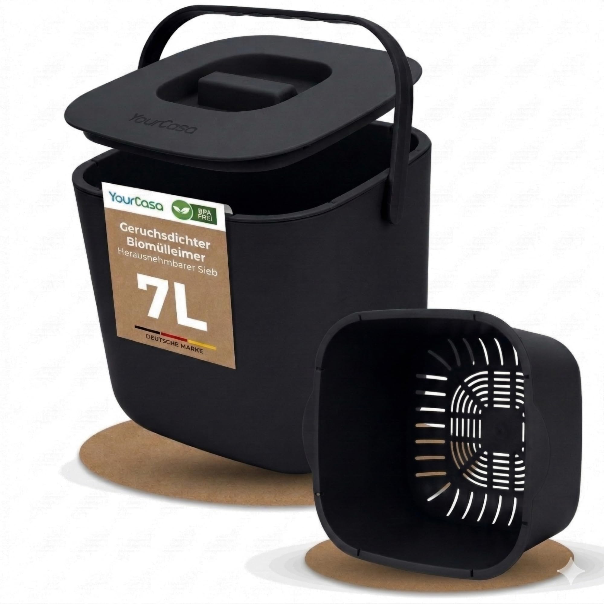 YourCasa Biomülleimer Küche 7L - Komposteimer mit herausnehmbarem Sieb & Deckel - geruchsdicht, spülmaschinenfest & ohne Biomülltüten - Bio Mülleimer für selteneres Entleeren (Schwarz)