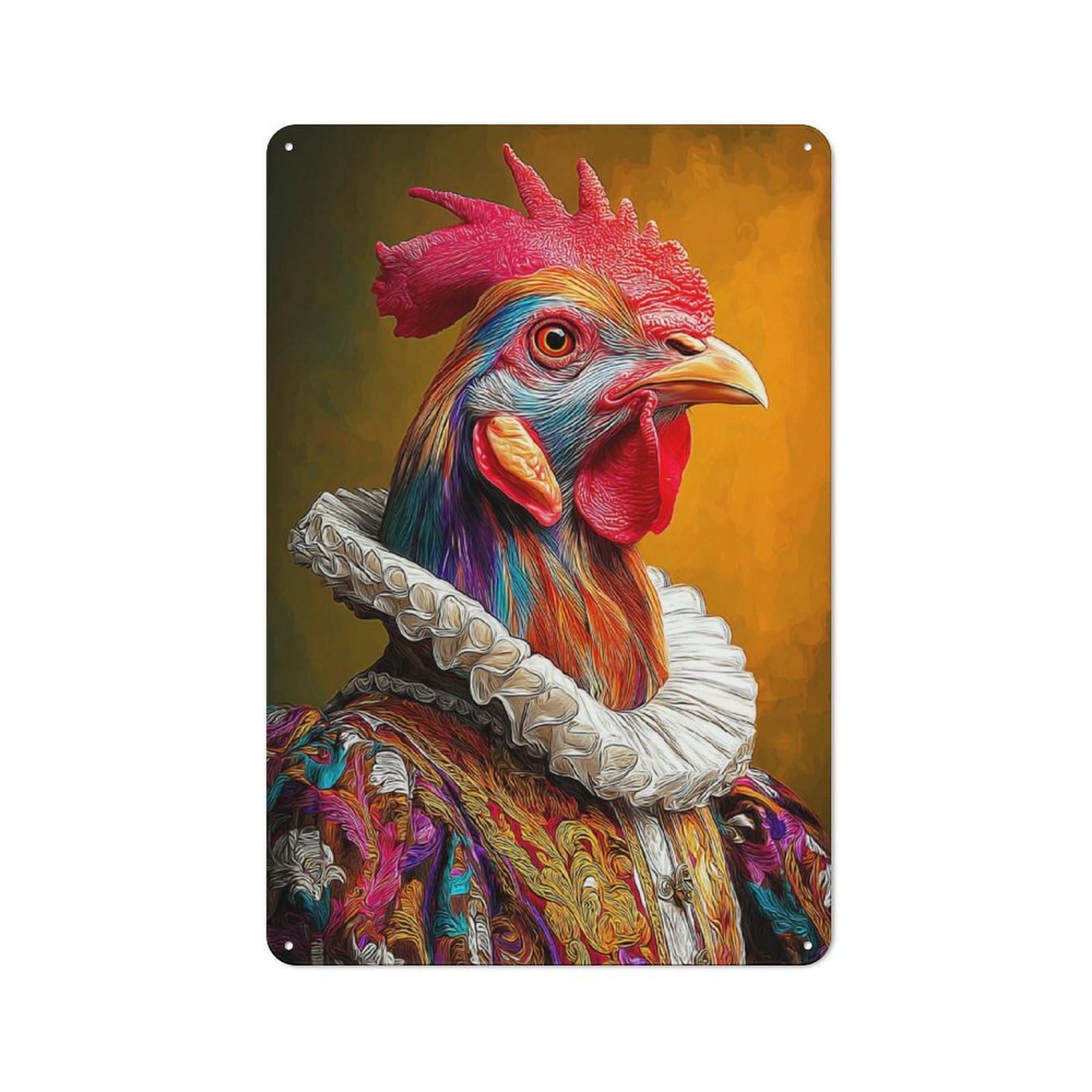 Regal Rooster in Renaissance Attire Cafe Style Metal Wall Decor 30x20cm, Vintage Metal Sign for Coffee Bar, Small Shop Or Dining Room