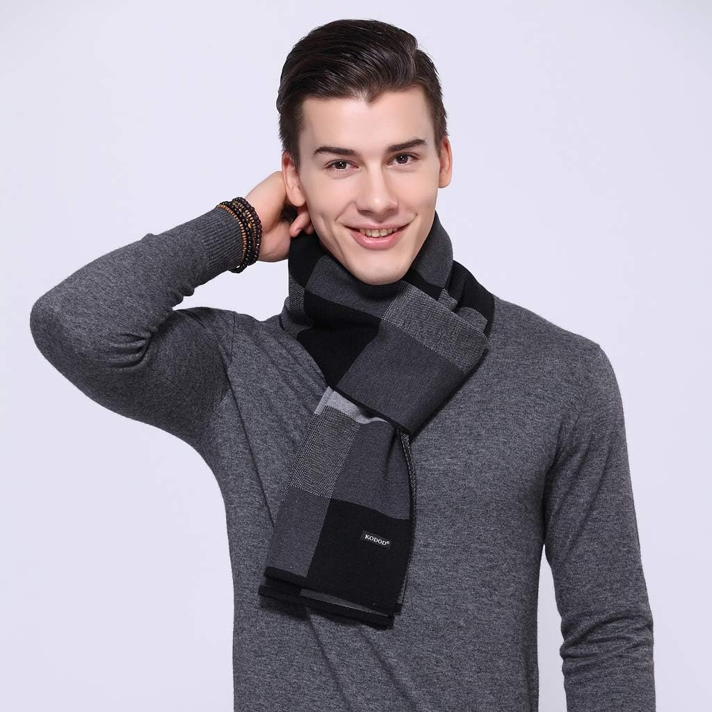 KODOD Plaid Striped Wool Scarf for Men - Winter Soft Thick Cashmere Knit Scarves (A Wool Blend Scarf Black&Gray Plaid) at  Men’s Clothing store