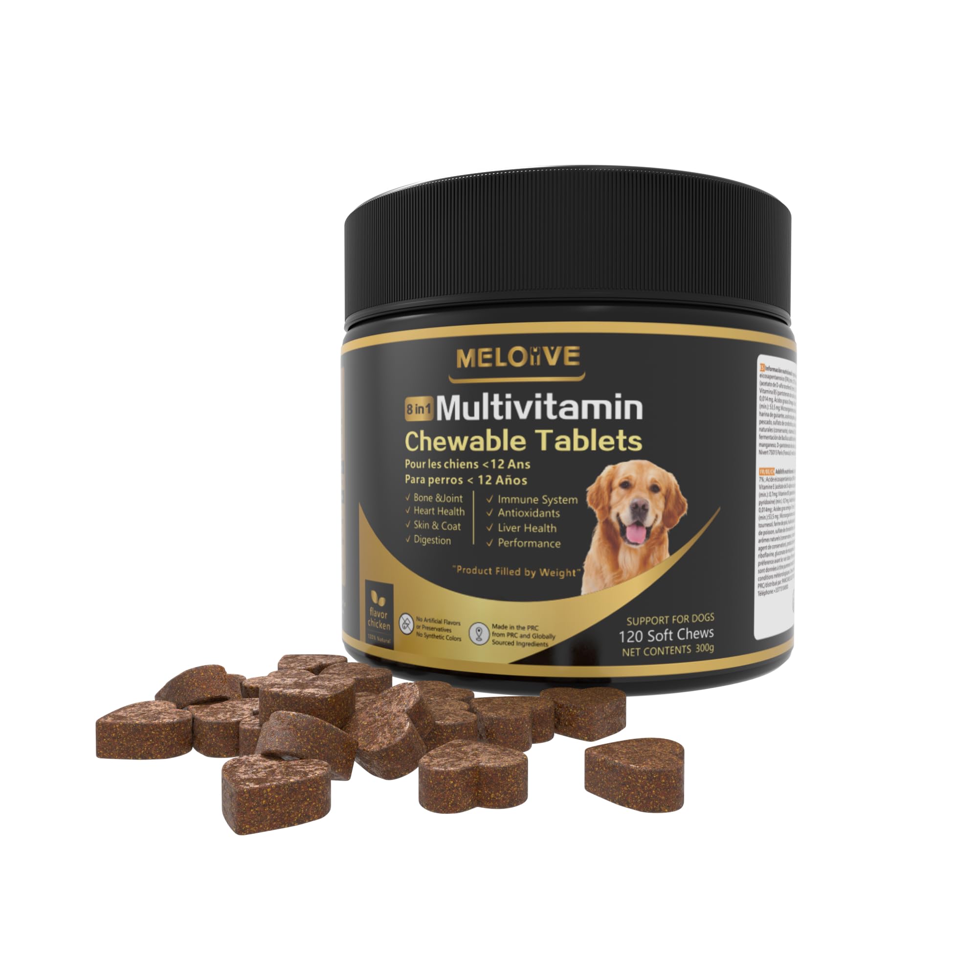 Meloive 8 en 1 Multivitamines pour Chien | Compléments Alimentaires Premium pour Chiens | Vitalité, Probiotiques, Articulations, Pelage, Immunité, Coeur, Cerveau | Au Poulet | 120 Comprimés