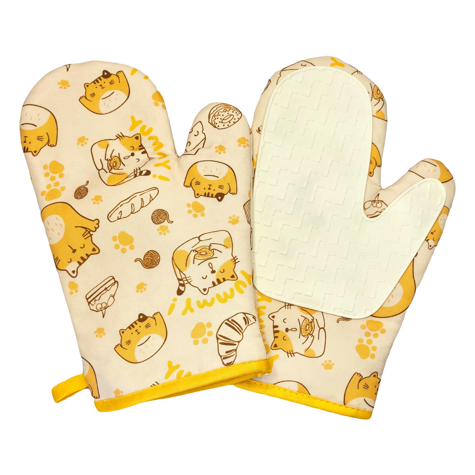 Non-Slip Silicone Oven Mitts Pair Cute BPA-Free Oven Mitts for Heat Resistant 500 Degrees Washable Kitchen Mittens with Cotton Lining for Cooking Baking Grilling (Light Yellow)