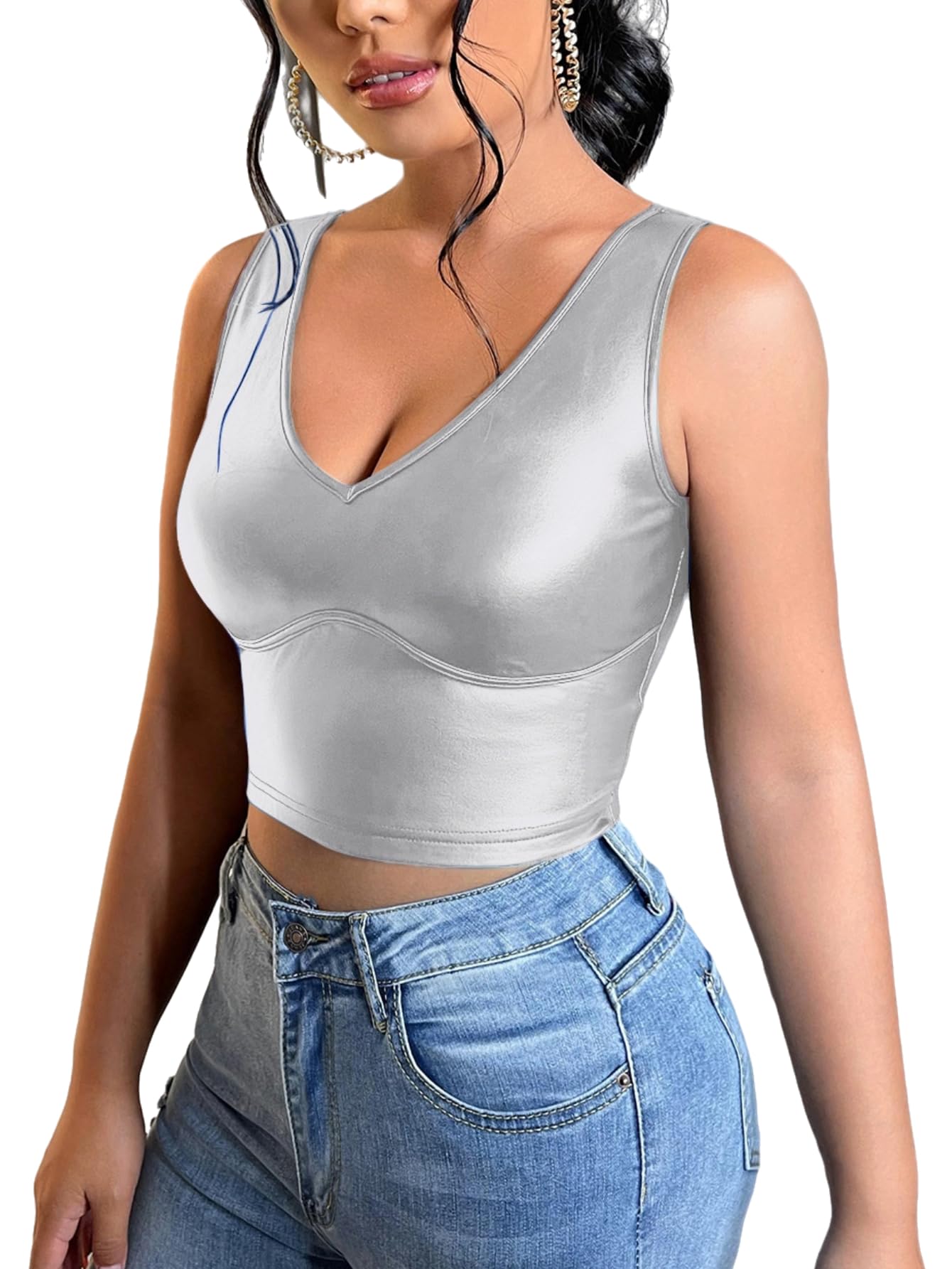 Floerns Women's PU Leather V Neck Solid Sleeveless Camisole Crop Tank Top