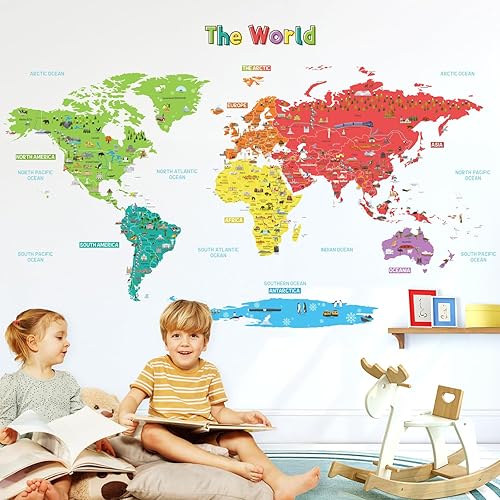 Miniatura 2 de DECOWALL SG-1902s - Calcomanías de pared de mapa del mundo educativo grandes, calcomanías coloridas extraíbles para niños, guardería, dormitorio,