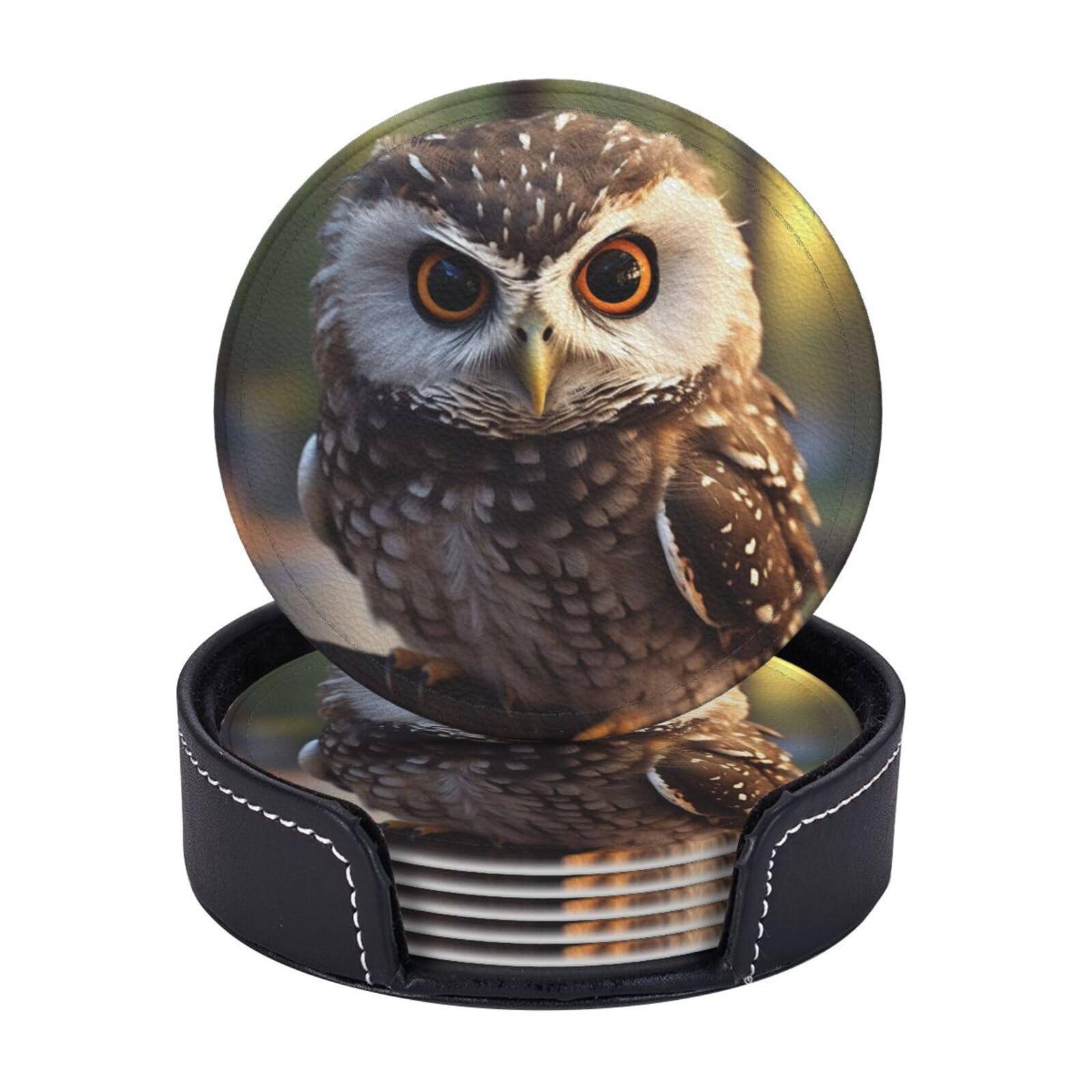 Ppthsnvb White 6Pcs Drink Coasters With Holder Cup Coaster Cute Owl Round Cup Mat Pad 3.9" Leather Coaster For Drinks Waterproof Bar Beer Beverage Coasters Set For Kinds Of Cups