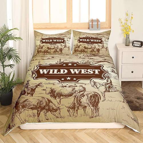 Wild West - Funda de edredón tamaño matrimonial, juego de ropa de cama de vaquero para niños, funda de edredón dibujada a mano con vacas de montaña