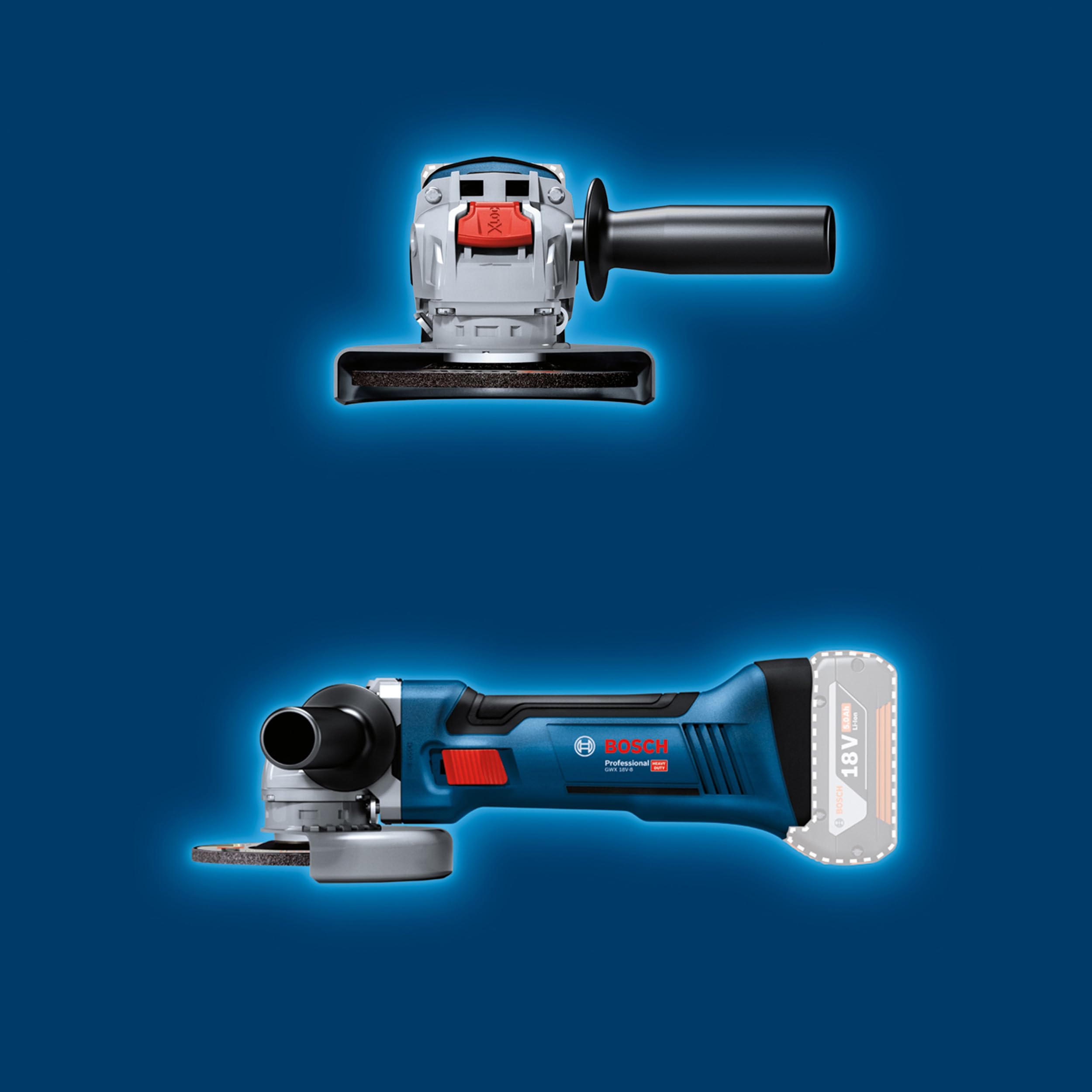 Amoladora angular a batería GWX 18V-8 con Bosch Professional 18V System y X-LOCK (incl. empuñadura auxiliar, cubierta de protección)