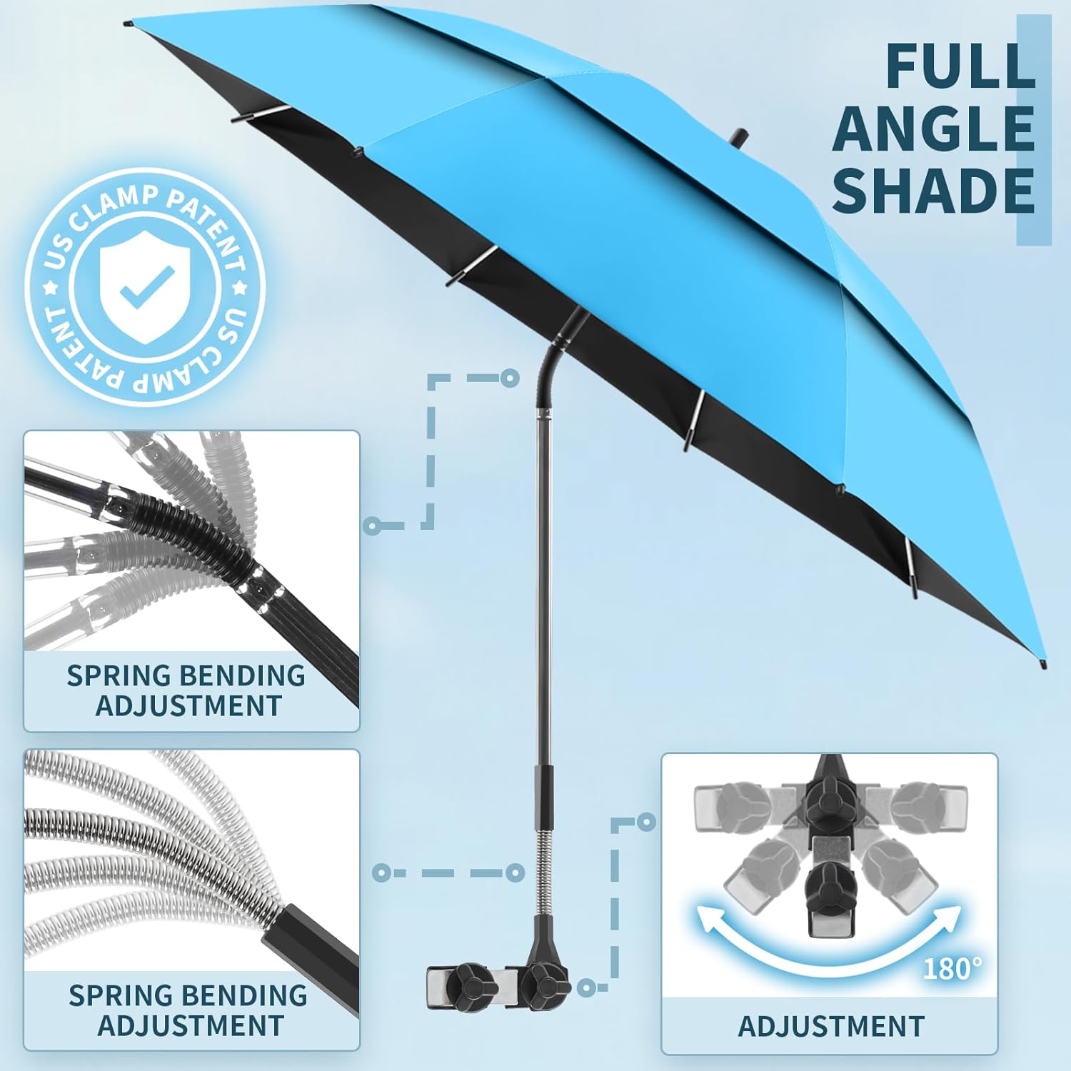 2 Pack 48.6" Double Canopy Umbrella with Clamp, UPF50+ Beach Chair Umbrella with clip, 360°Adjustable Portable Outdoor Shade, Patio Chairs, Golf Carts,Camping(Not Include Chair)