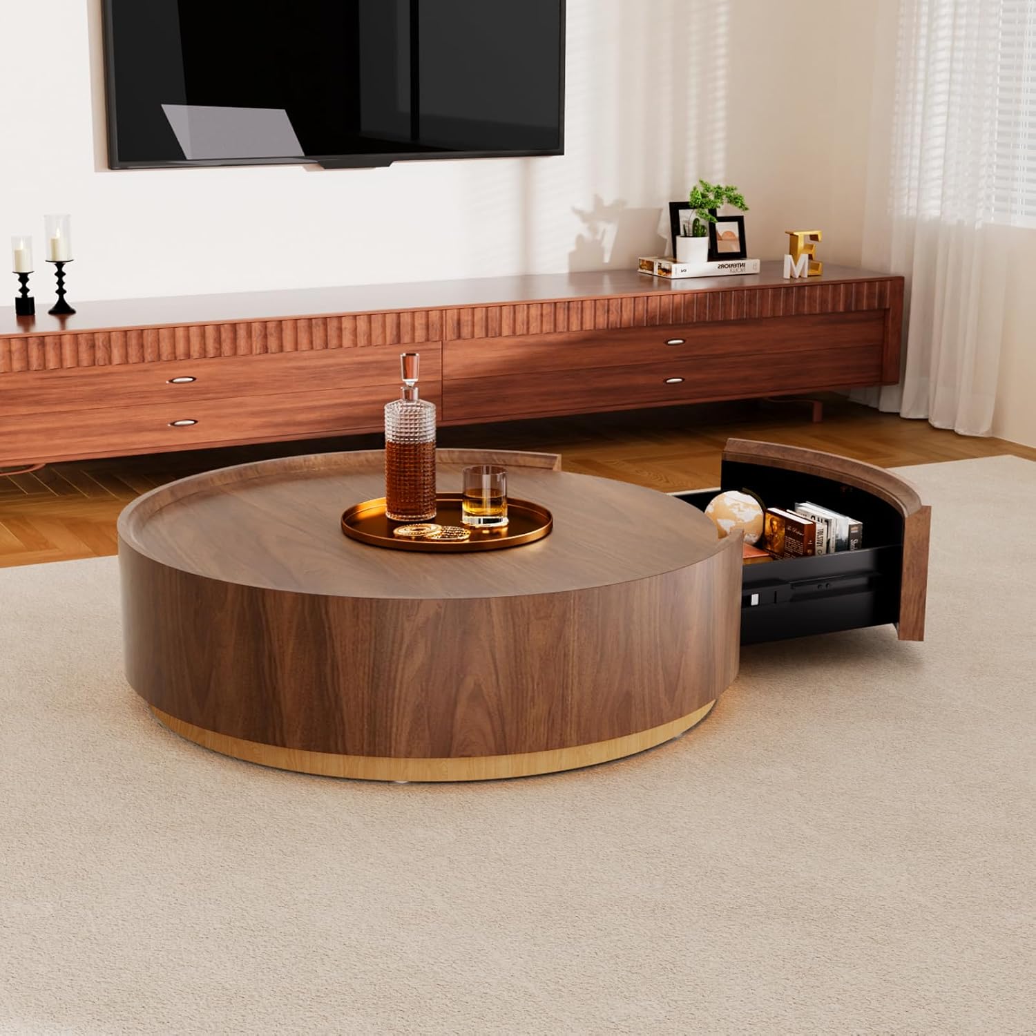 35.4" Round Coffee Table with Storage, Mid Century Modern Coffee Table with Hidden Drawer, Wooden Circle Center Tables, Drum Accent Tea Tables for Living Room Small Spaces (Walnut with Drawer)