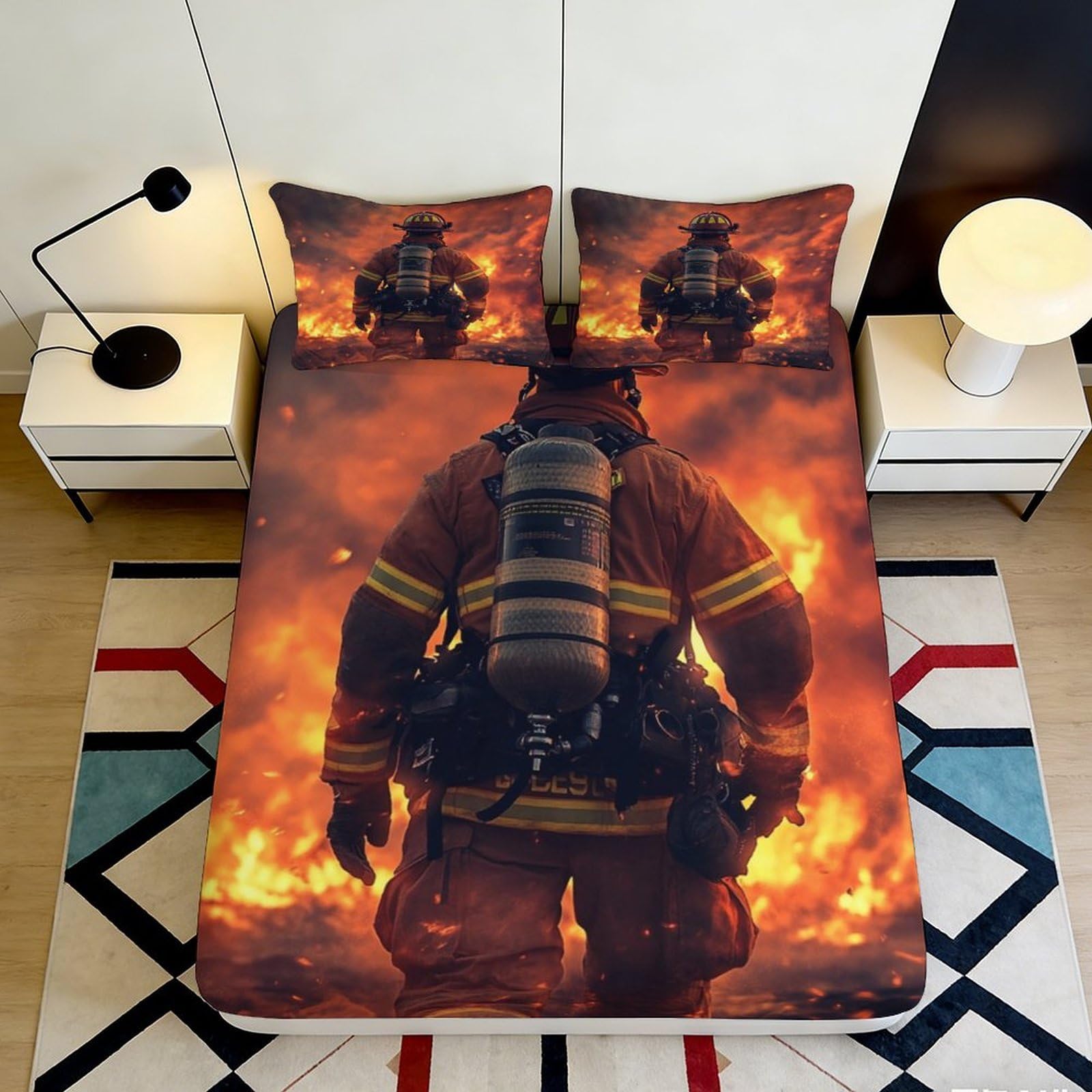 3D Printed Firefighter Fitted Sheet Microfiber Flame Scene Bed Cover Anti-Slip Machine Washable for Bedroom Decor 90x200x25cm