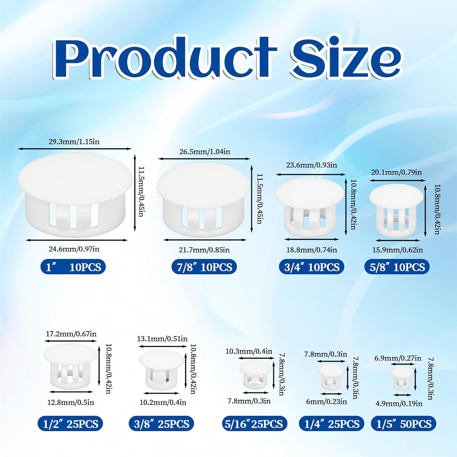 190 Pcs 9 Sizes White Hole Plugs, Plastic Hole Plugs 1/5" 1/4" 5/16" 3/8" 1/2" 5/8" 3/4" 7/8" 1" White Panel Knockout Locking Plug, Round Drill Screw Covers for Kitchen Cabinet Furniture