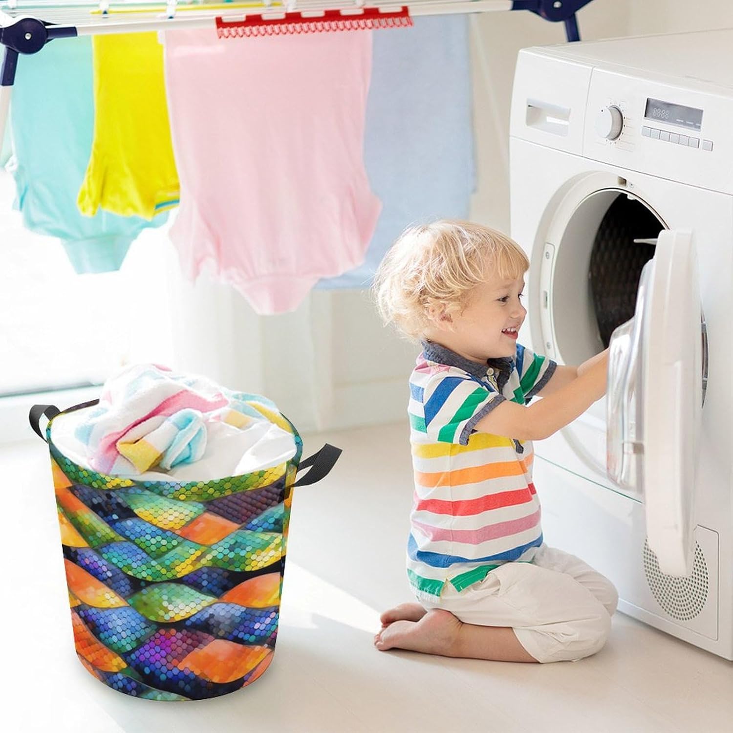 Laundry Basket Waterproof Laundry Hamper with Handles Foldable Dirty Clothes Hamper Rainbow Fish Scale Freestanding Laundry Bag Organizer Tall Storage Basket for Bedroom Bathroom Decor