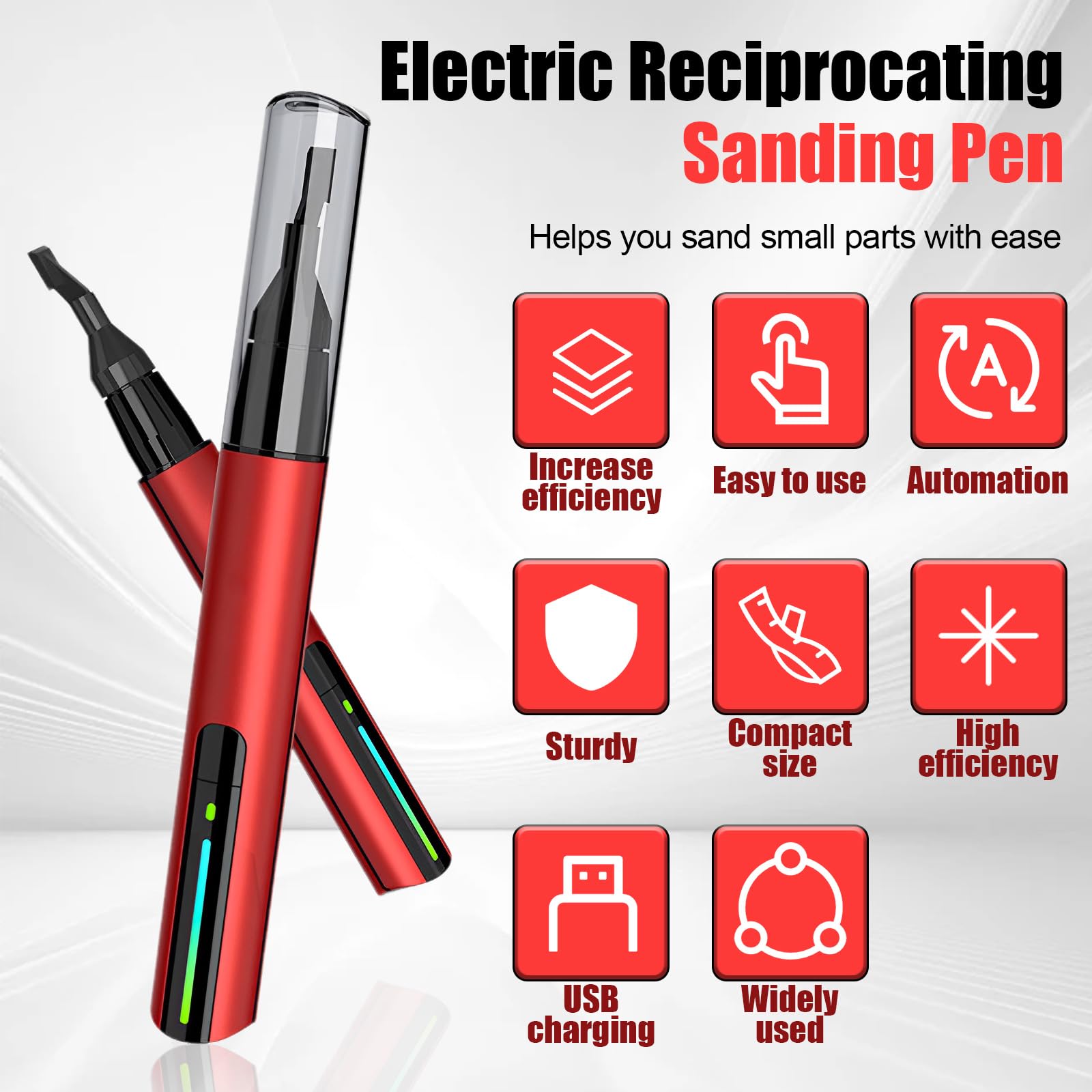 Mini penna per levigatrice alternativa, ricaricabile tramite USB, con protezione da sovraccarico, 3 velocità regolabili, include 8 teste abrasive e 12 tipi di carta vetrata, per fai da te e lucidatura