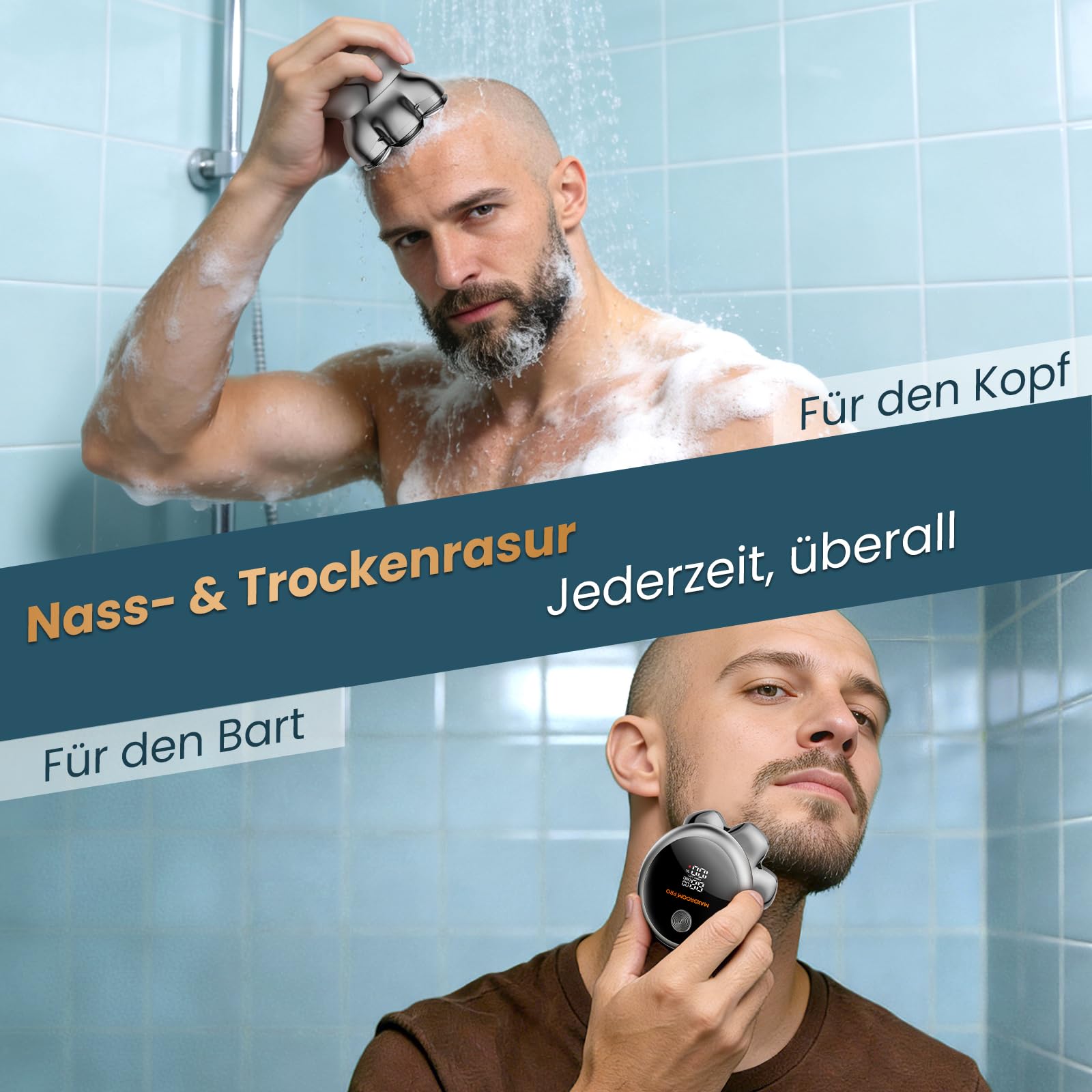 1400mAh Akku Kopf Rasierer Herren,8800RPM Silber Head Shaver Men,Typc 0 mm 7D wasserdichter Kopfhaarrasierer mit verbesserter flexibler Klinge, lange Akkulaufzeit, leicht zu reinigen