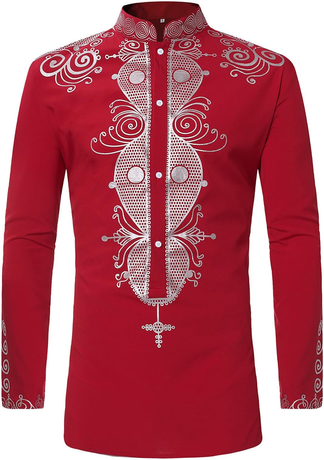 Men's Long Sleeve African Dashiki Traditional Gold Print Button Down Shirts
