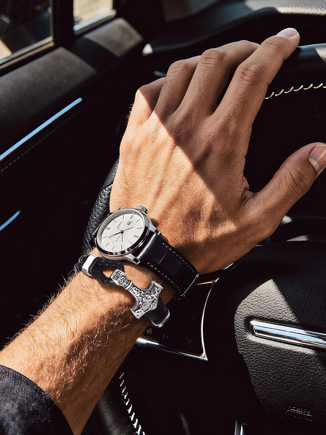 Bandmax Mens Cuff Bracelets Black Braided Wax Rope Wristband Punk Style Masonic/Viking Hammer Bracelet 7 Inch-9 Inch Gift for Husband Father Son - Image 5