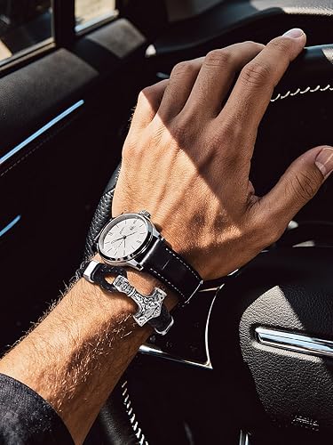 Miniatura 5 de Bandmax Pulsera trenzada de cuero negro para hombre con colgante gótico punk, pulsera de cuero con hebilla de acero inoxidable, paquete de regalo