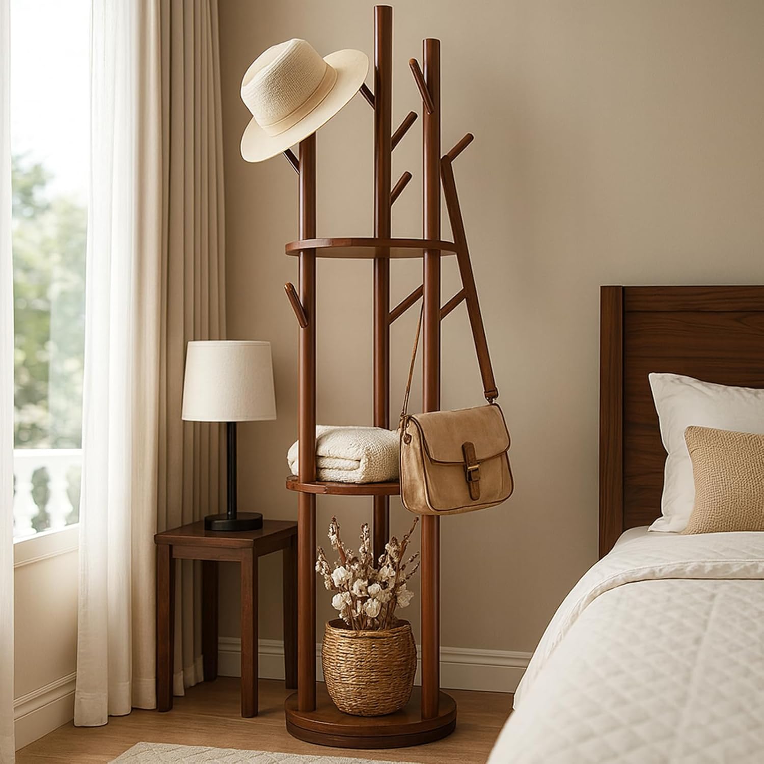 Rotating Solid Wood Coat Rack with Shelves, 360° Freestanding Tree Hall Tree for Entryway, Bedroom, or Office – Modern Space-Saving Organizer,White