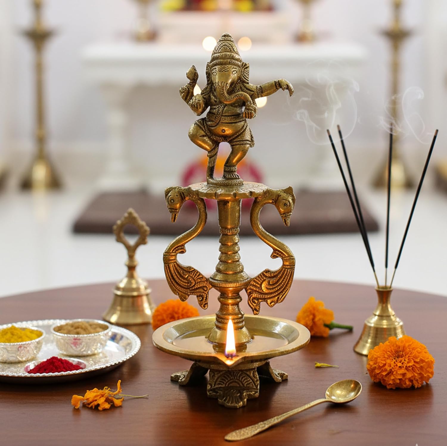 eSplanade - Brass Lotus Shaped Round Dancing Ganesh Diya | Oil Lamp | Home Decor | Brass Diya | Lamps for Home and Office - 8" Inches