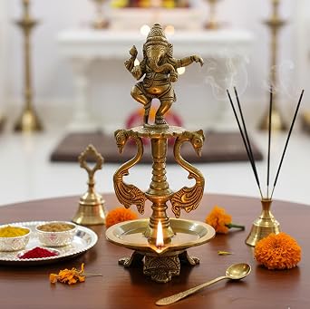 eSplanade - Brass Lotus Shaped Round Dancing Ganesh Diya | Oil Lamp | Home Decor | Brass Diya | Lamps for Home and Office - 8" Inches