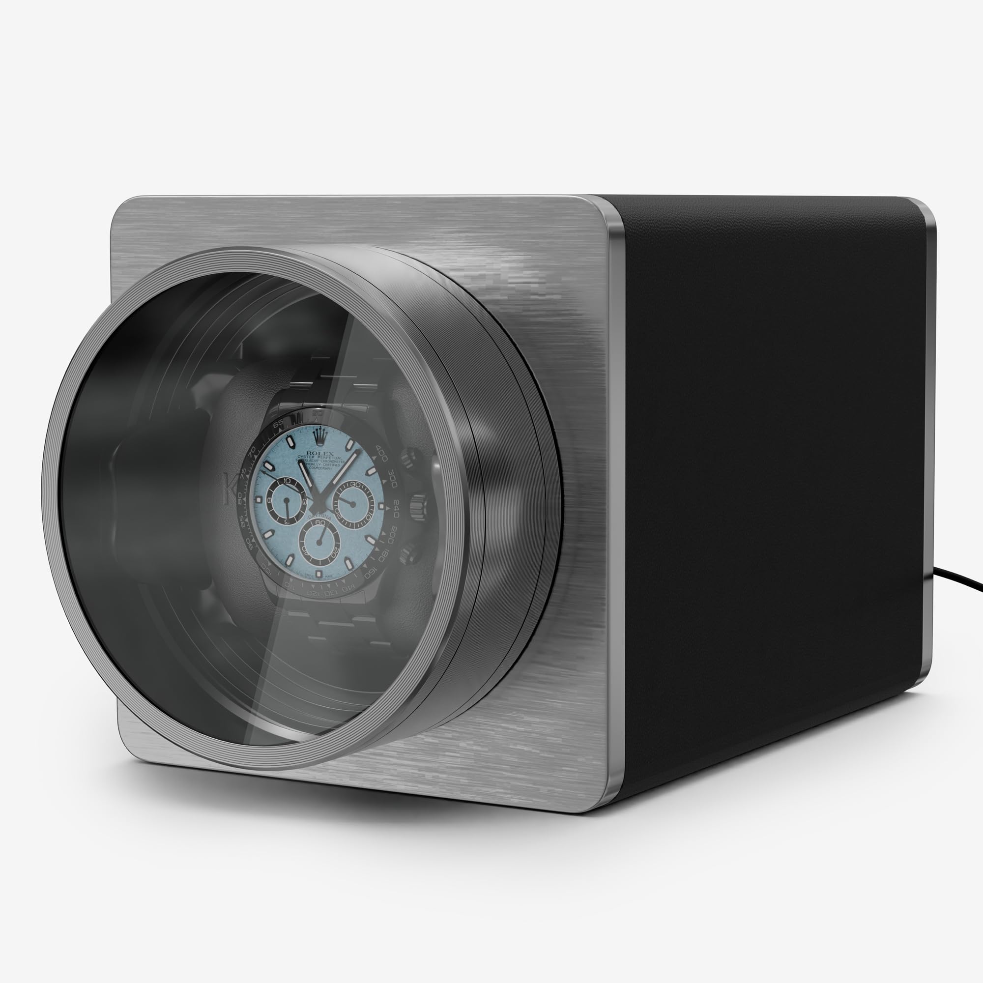 KLARSTEIN TimeSync Watch Winder - Vegan Leather & Tempered Glass, Silent Japanese Mabuchi Motor, 5 TPD, Battery/AC Powered, Single Watch Turner, Black-Silver
