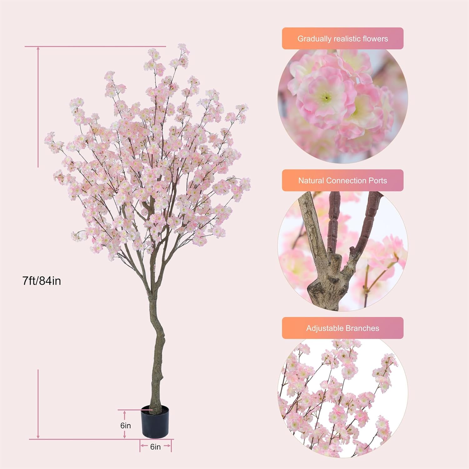 Nafresh Tall Artificial Cherry Blossom Tree 7Ft(84'), Realistic Potted Silk Faux Cherry Blossom for Indoor Outdoor Home Office Living Room Bedroom Porch Floor Decor - Image 4