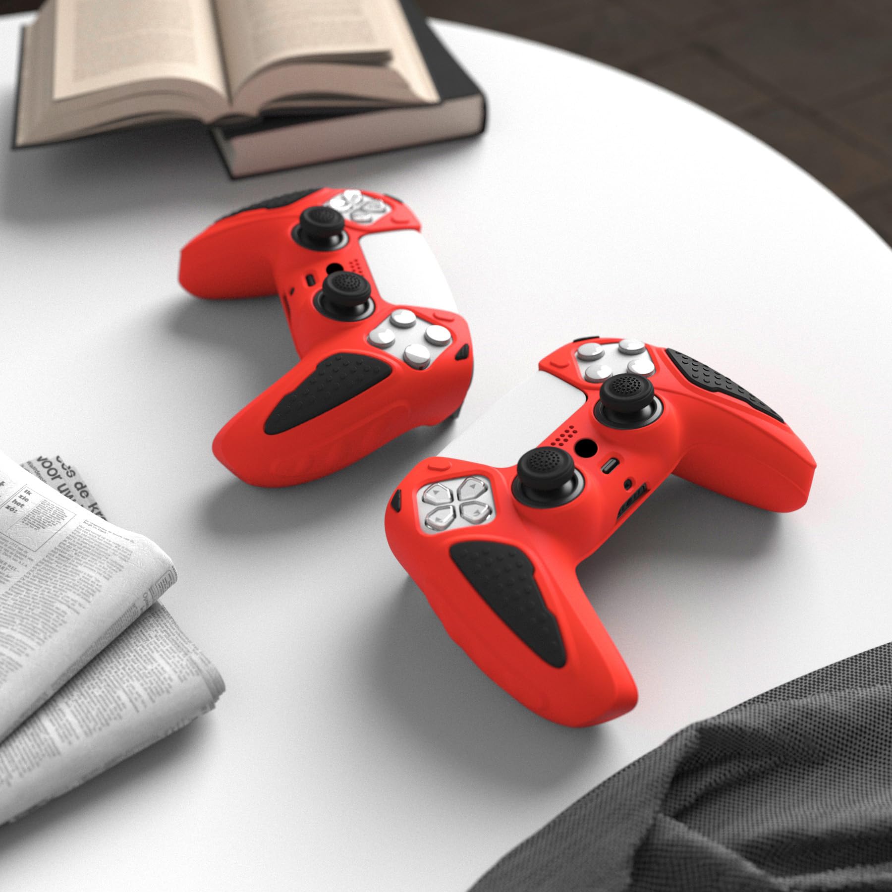 PlayVital Knight Edition Passion Red & Black Two Tone Anti-Slip Silicone Cover Skin for ps5 Controller, Soft Rubber Case for ps5 Wireless Controller with Thumb Grip Caps - 2