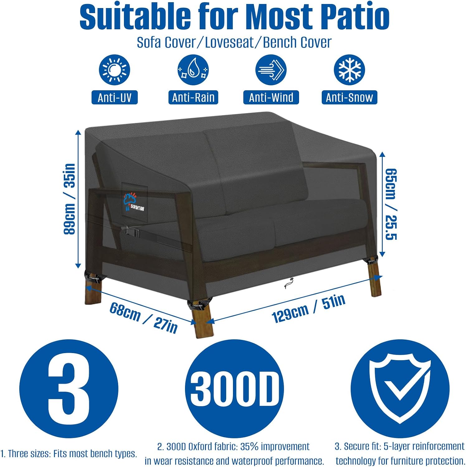 SIRUITON 2-Seat Garden Patio Sofa/Loveseat/Bench Cover 51.6" L x 27" W x 35" H,Heavy Duty 300D Oxford Waterproof Outdoor Sofa Cover,Lawn Patio Furniture Covers