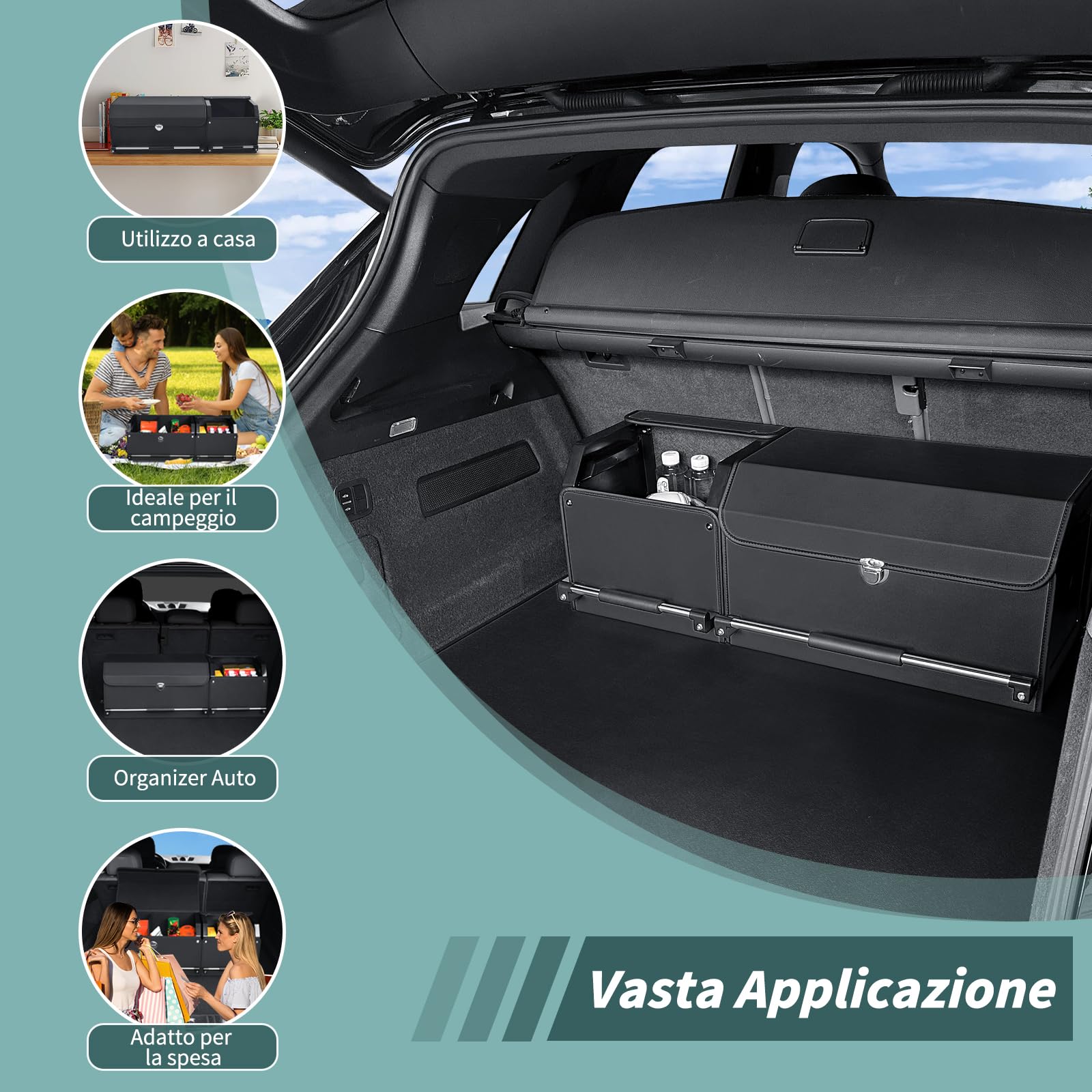 Auto Trunk Organizer, Pieghevole Auto Trunk Storage Organizer con Coperchio e Maniglia Robusta e Stoccaggio per SUV, Camion, Sedan (Nero, XL 92 * 29 * 31cm)