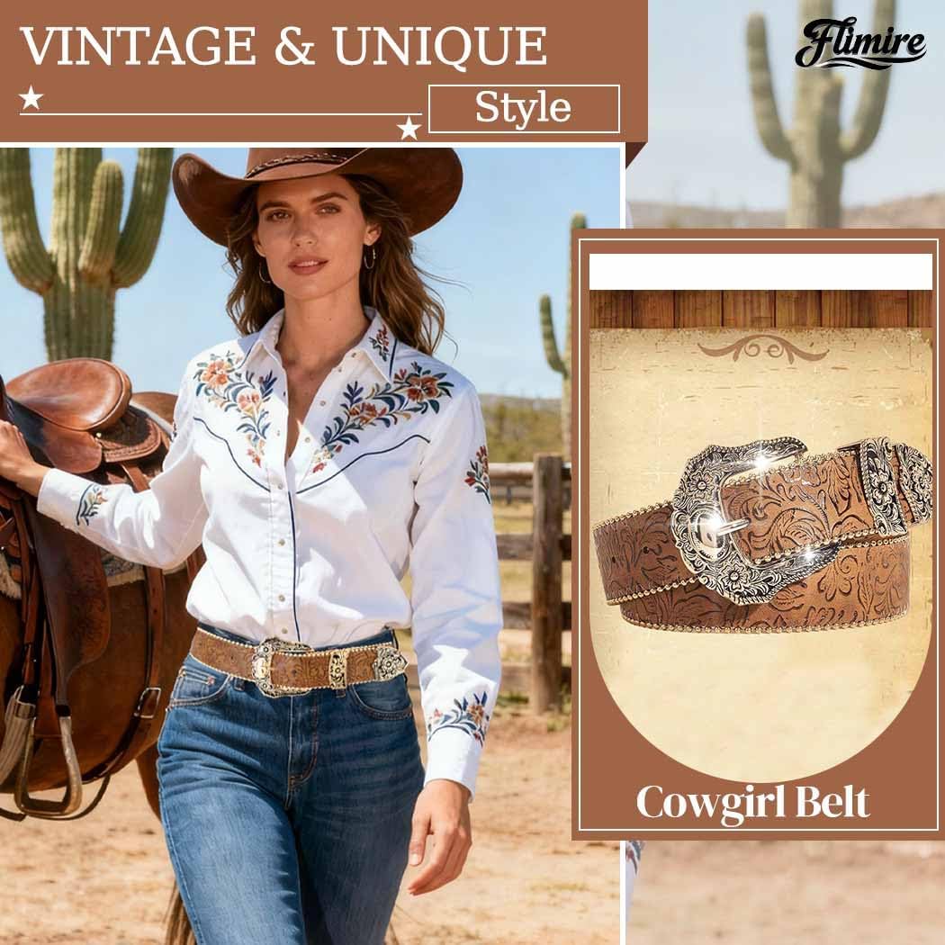 Brown Western Belt for Women Cowgirl Country Leather Belt for Jeans Pants - Image 4