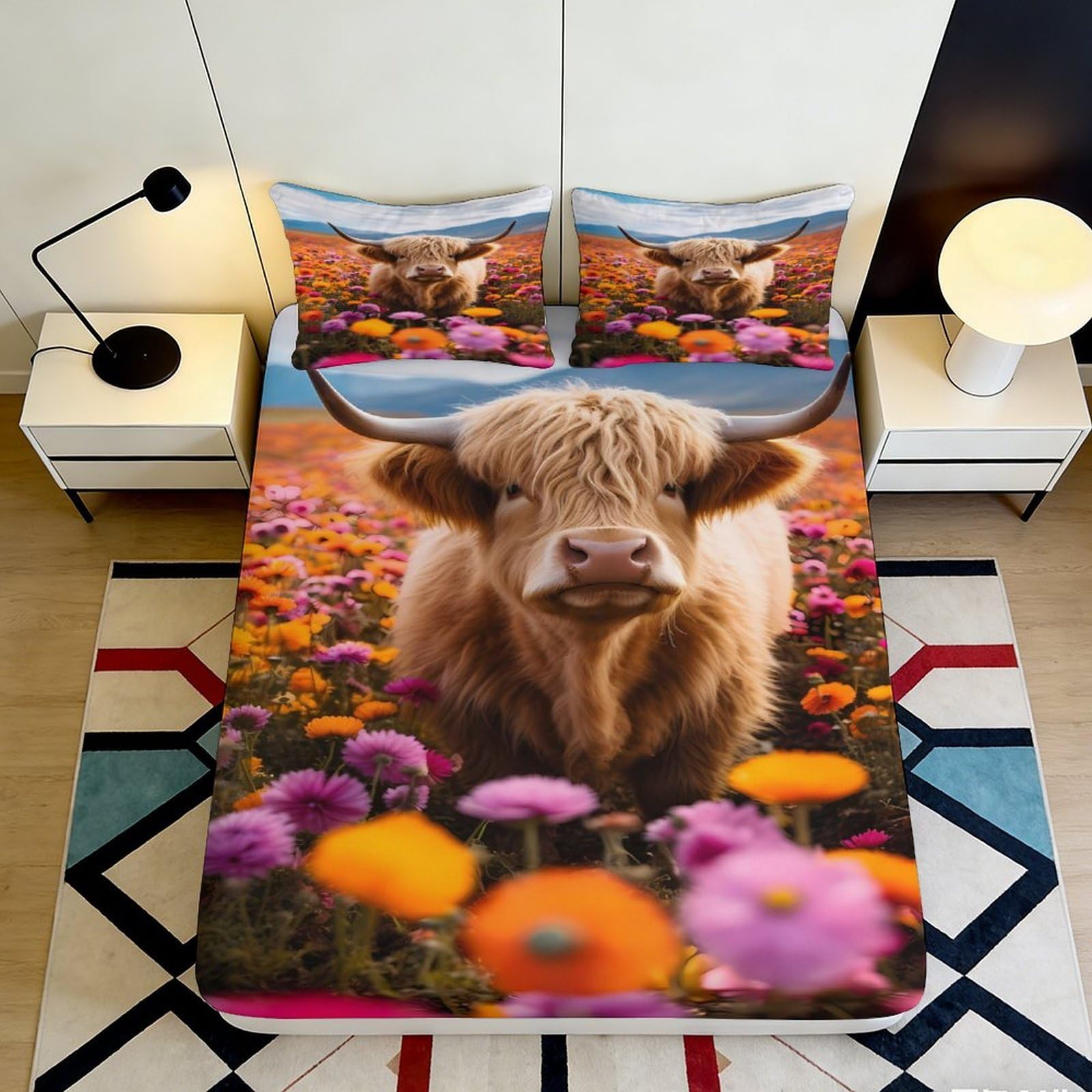 K1r3d9e5 Style-10 3D Printed Highland Cow Floral Fitted Sheet Microfiber Soft Mattress Cover Bedroom Decor Dorm Protection 90X200x25cm