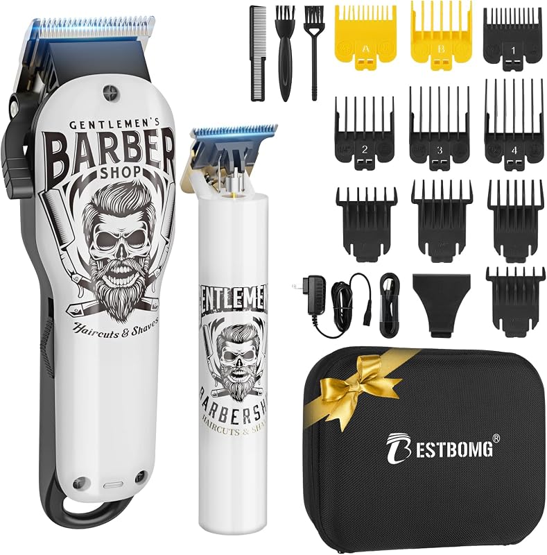BESTBOMG® Professional Hair Clippers for Men, Clipper & Trimmer Set, White | Ceramic T-Blade, Rechargeable Cordless Haircut Set with 10 Guide Combs & for Men/Father/Husband/Boyfriend, BS-Y4T9