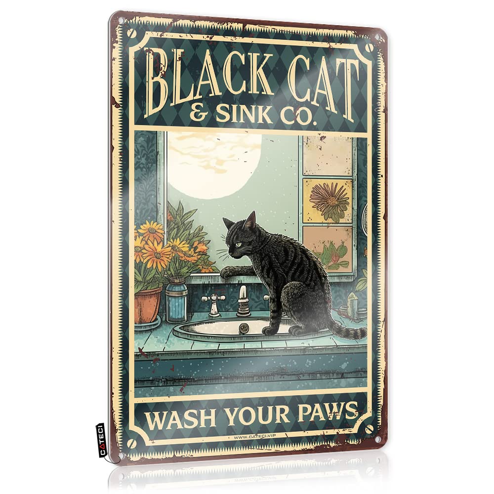 MGHTLCCME Funny Signs For Bar Black Cat Wash Your Paws Tin Sign Wall Postersboho Room Decor Aestheticquirky Home Decoroffice Desk For Women Garage Signs For Men Funny Funny Coffee Signs(30X40CM)