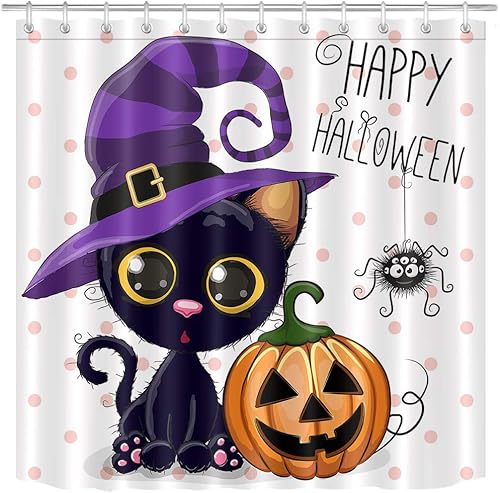 LB Juego de cortinas de ducha de calabazas de Halloween con diseño de gato mágico de dibujos animados, con puntos de sombrero mágico para decoración