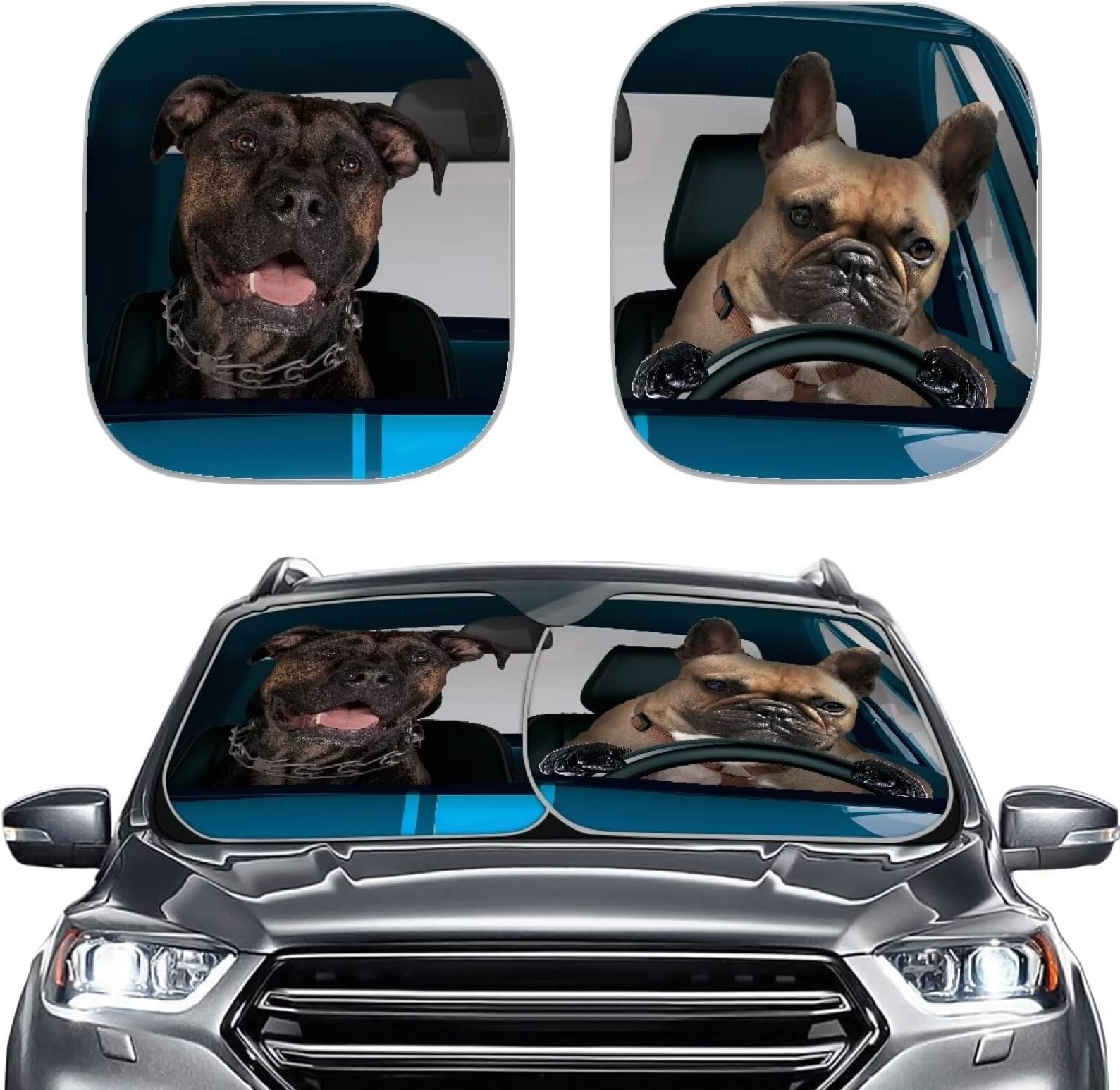 Car Sunshade 2 Piece Sun Visor UV Ray Blocking Vehicle Protection Sun Shade Keep Auto Interior Cool Universal Fits Trucks, SUVs, Sedans, Funny Bull Dog Rotteweiler Pattern